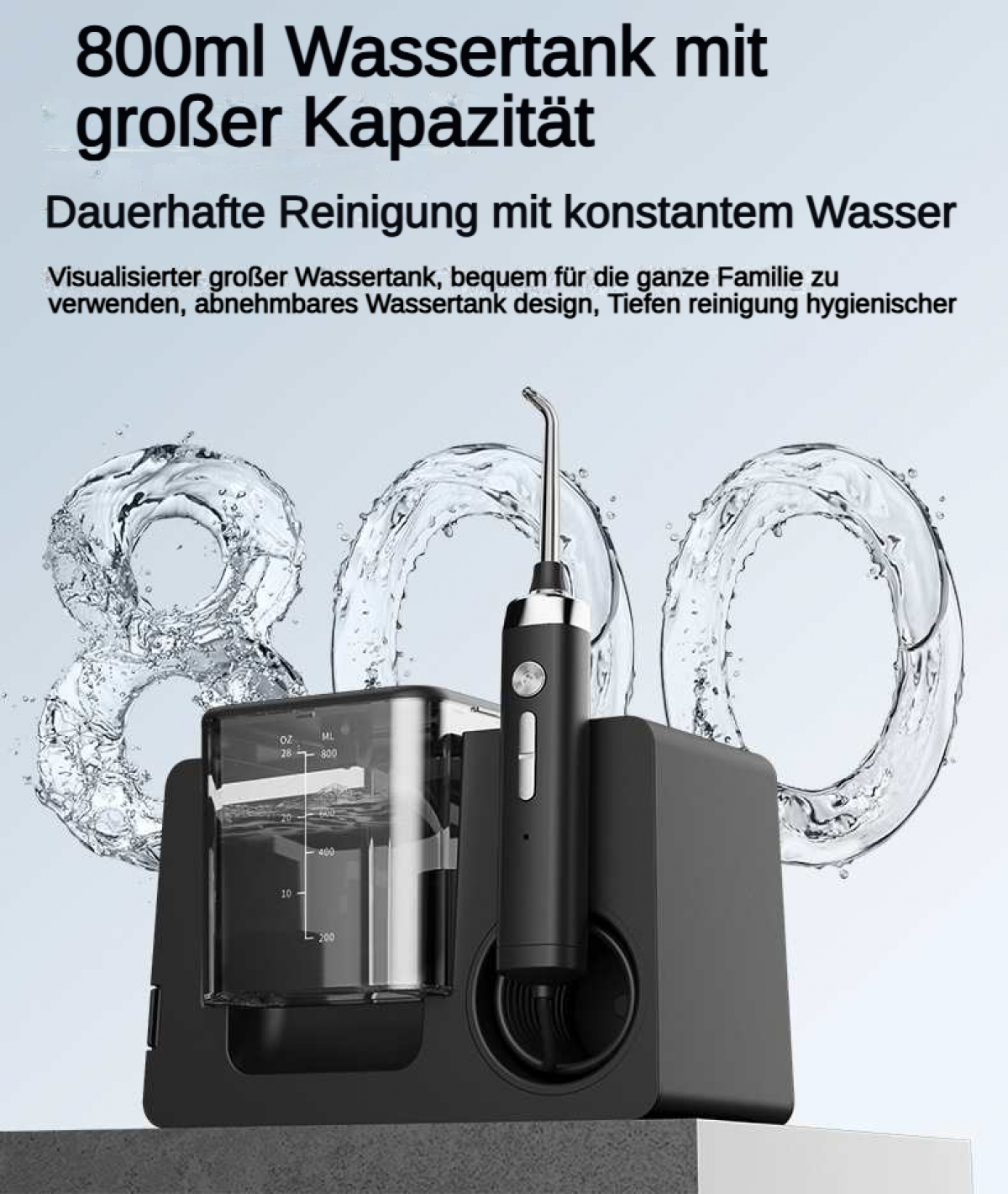 Ein schwarzer Wasserstrahlreiniger mit 800ml Tank und Wasserspritzern.