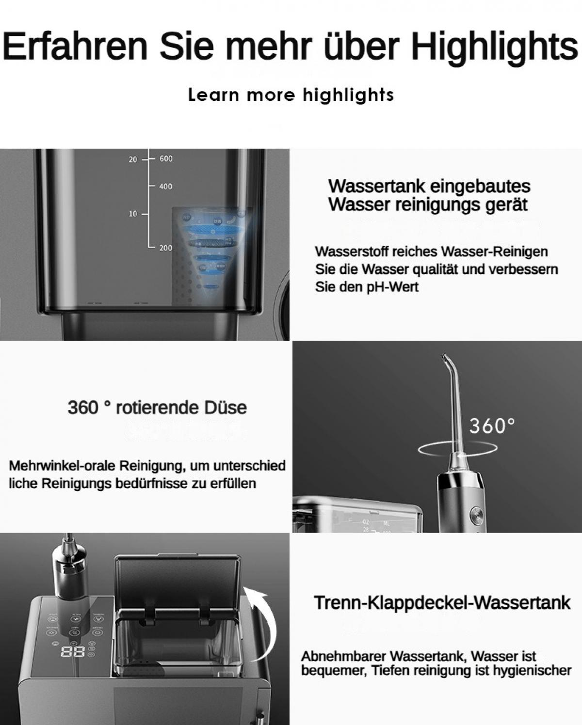 Produkt-Highlights mit Wassertank, rotierender Düse und abnehmbarem Tank.