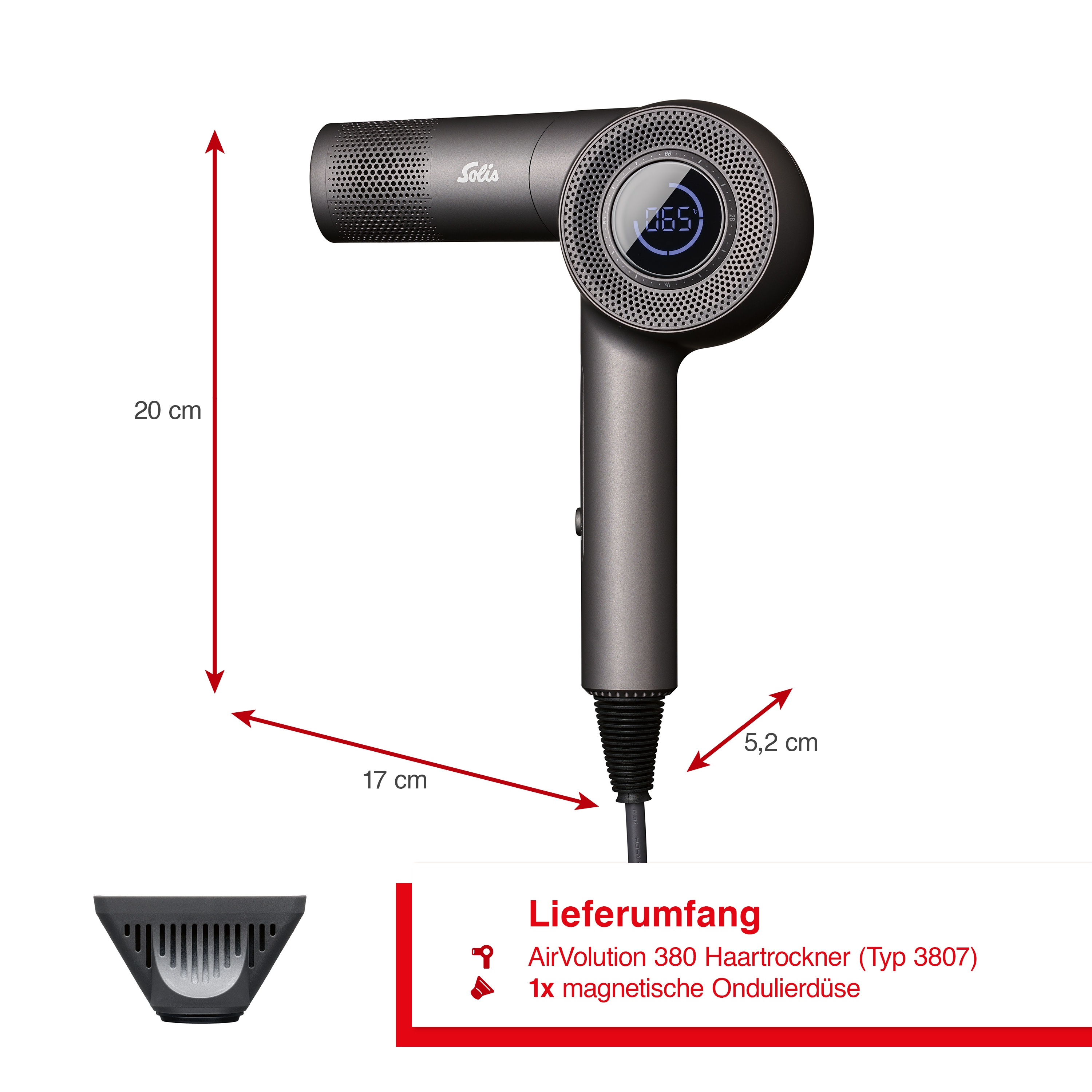 Dunkelgrauer Solis Haartrockner mit Display, 20cm hoch, 17cm lang.