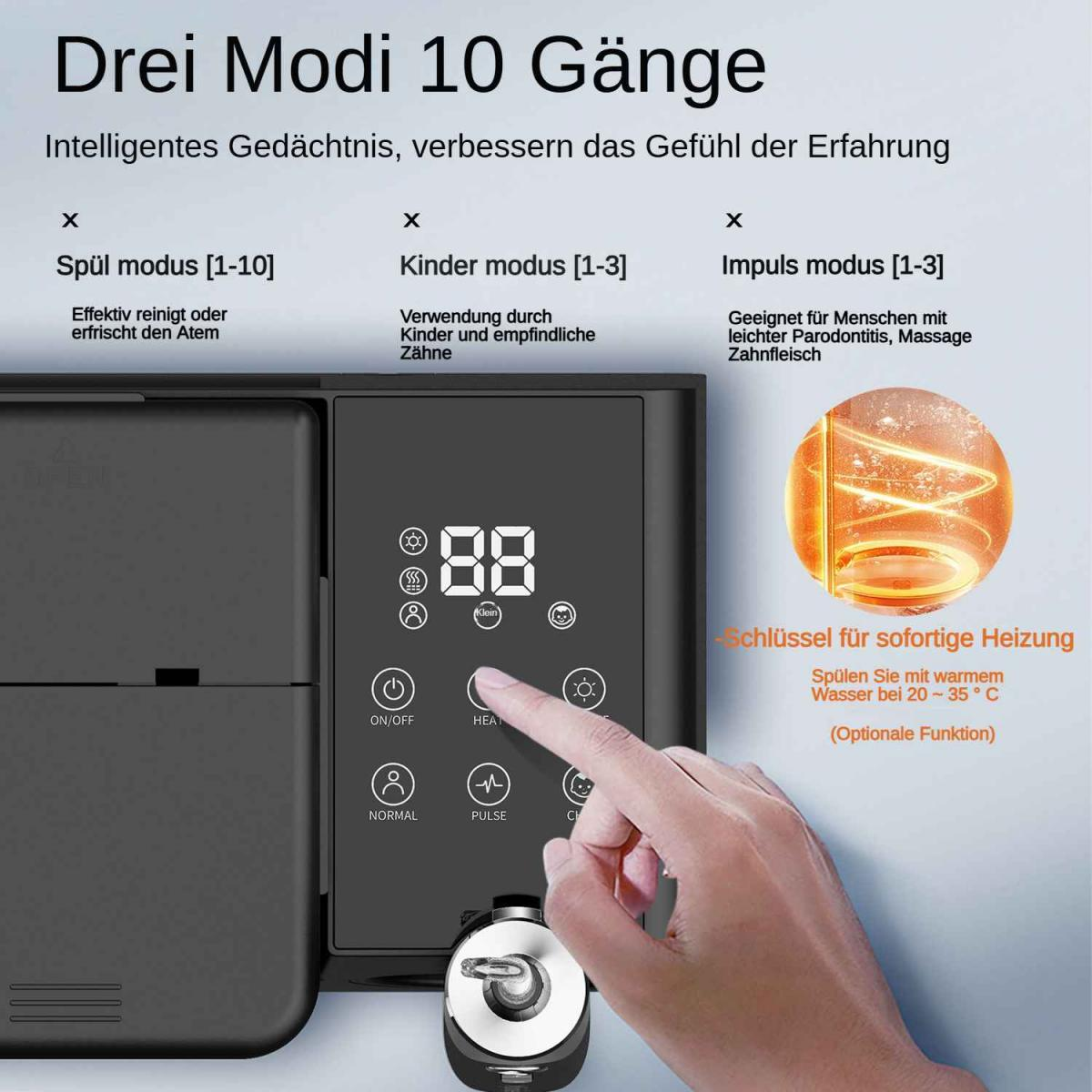 Digitalanzeige mit Modi: Spülen, Kinder, Impuls. Hand drückt auf HEAT.