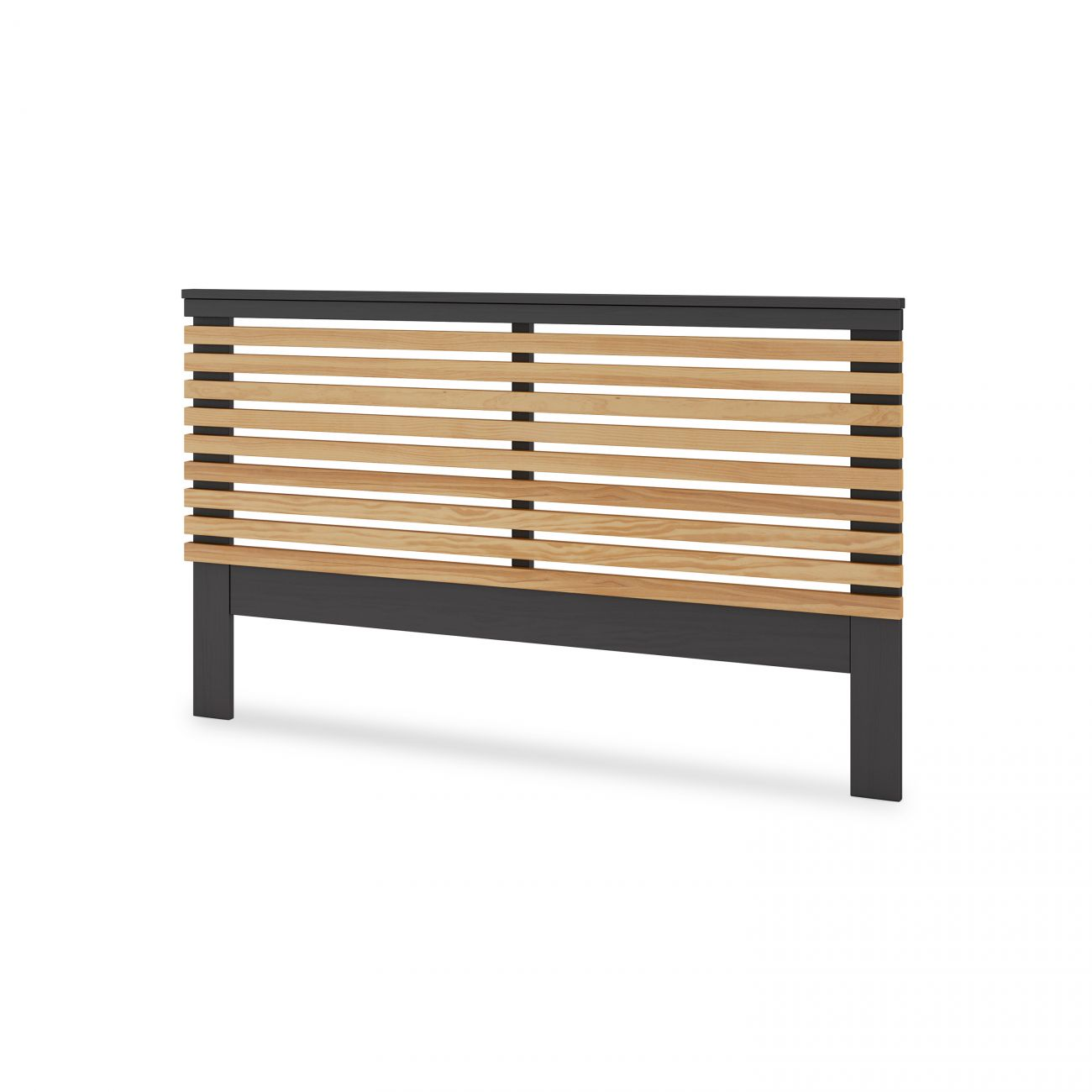 Un cabecero gris oscuro con listones de madera horizontales.