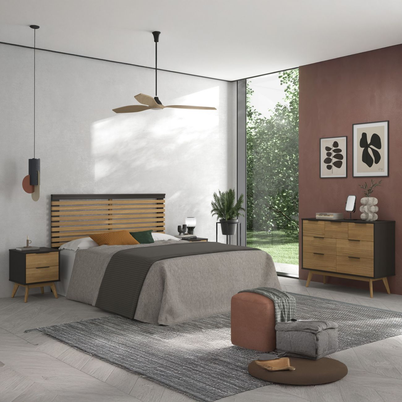 Dormitorio moderno con cama de madera, mesita, cómoda y ventana grande.