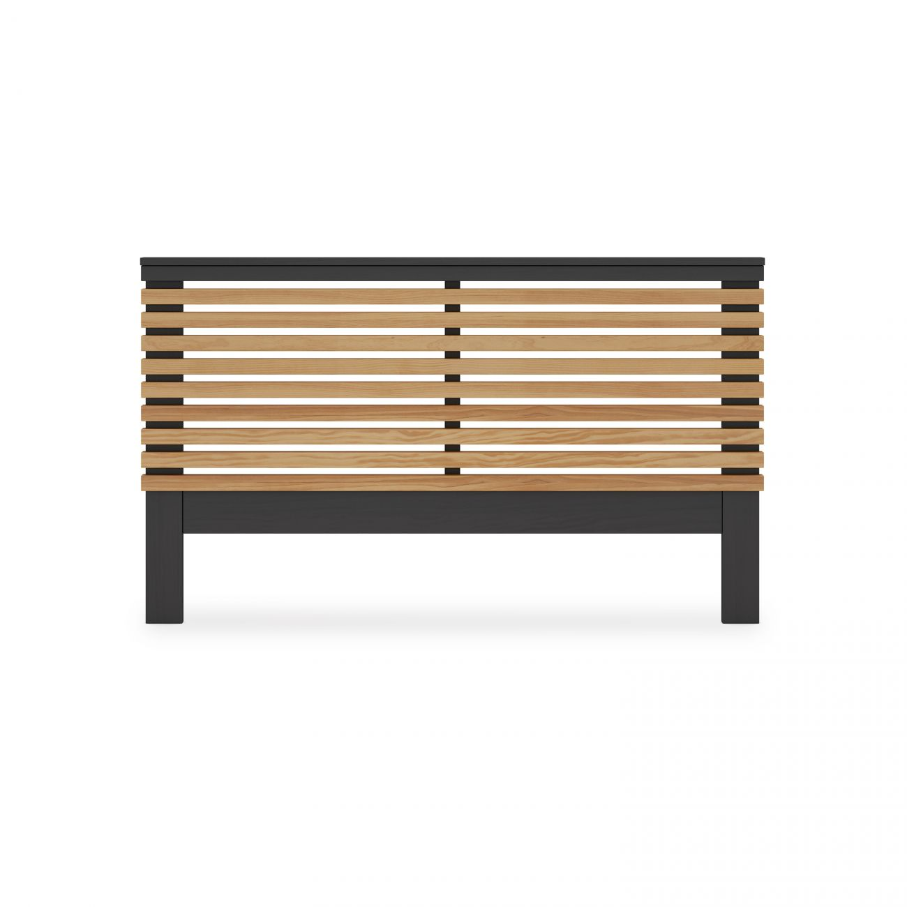 Un marco de cama oscuro con listones horizontales de madera arriba.