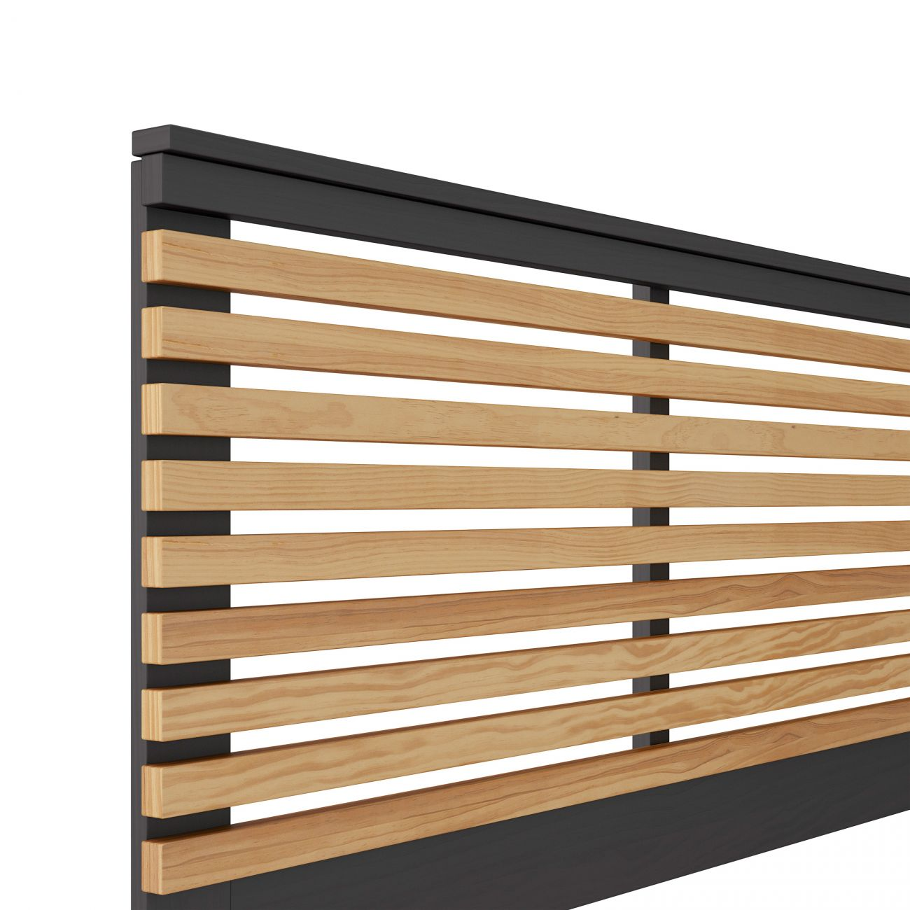 Una cabecera oscura con listones horizontales de madera y soportes verticales oscuros.