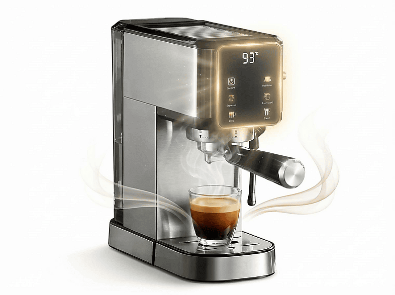 BYTELIKE 20 Bar 1350W Touch-Display Edelstahl Espresso-Kaffeemaschine Silber
