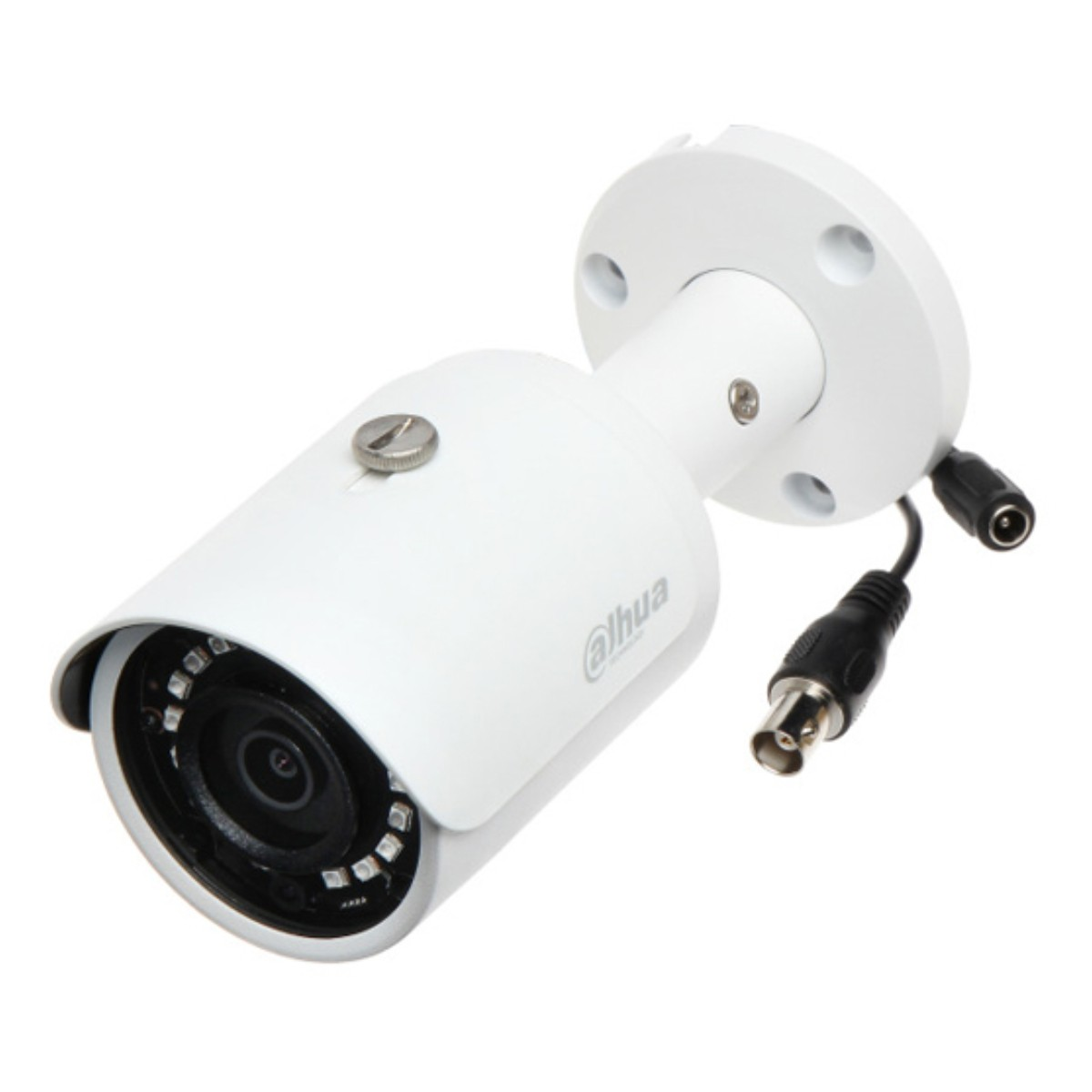 Witte beveiligingscamera met lens, kabels en montagebeugel.