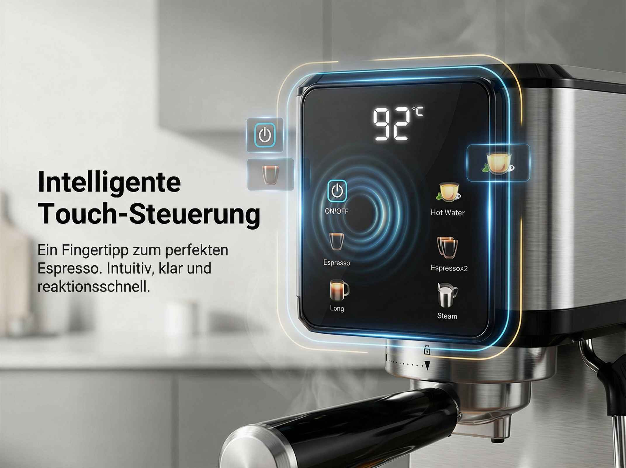 Kaffeemaschine mit digitalem Touchscreen-Display zeigt 92°C und verschiedene Kaffeeoptionen.