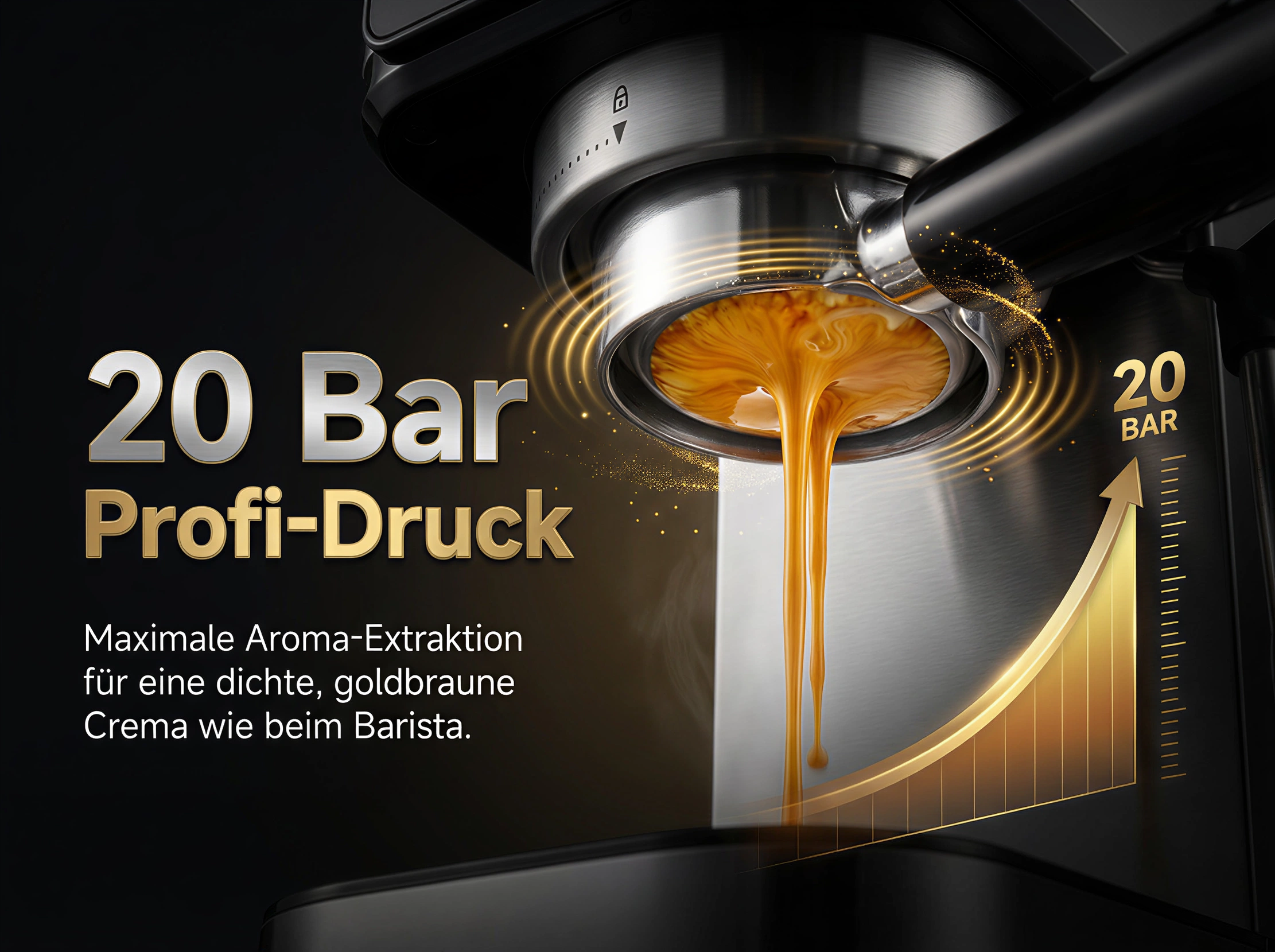 Espressomaschine brüht Kaffee mit 20 Bar Druck, goldbraune Crema fließt heraus.
