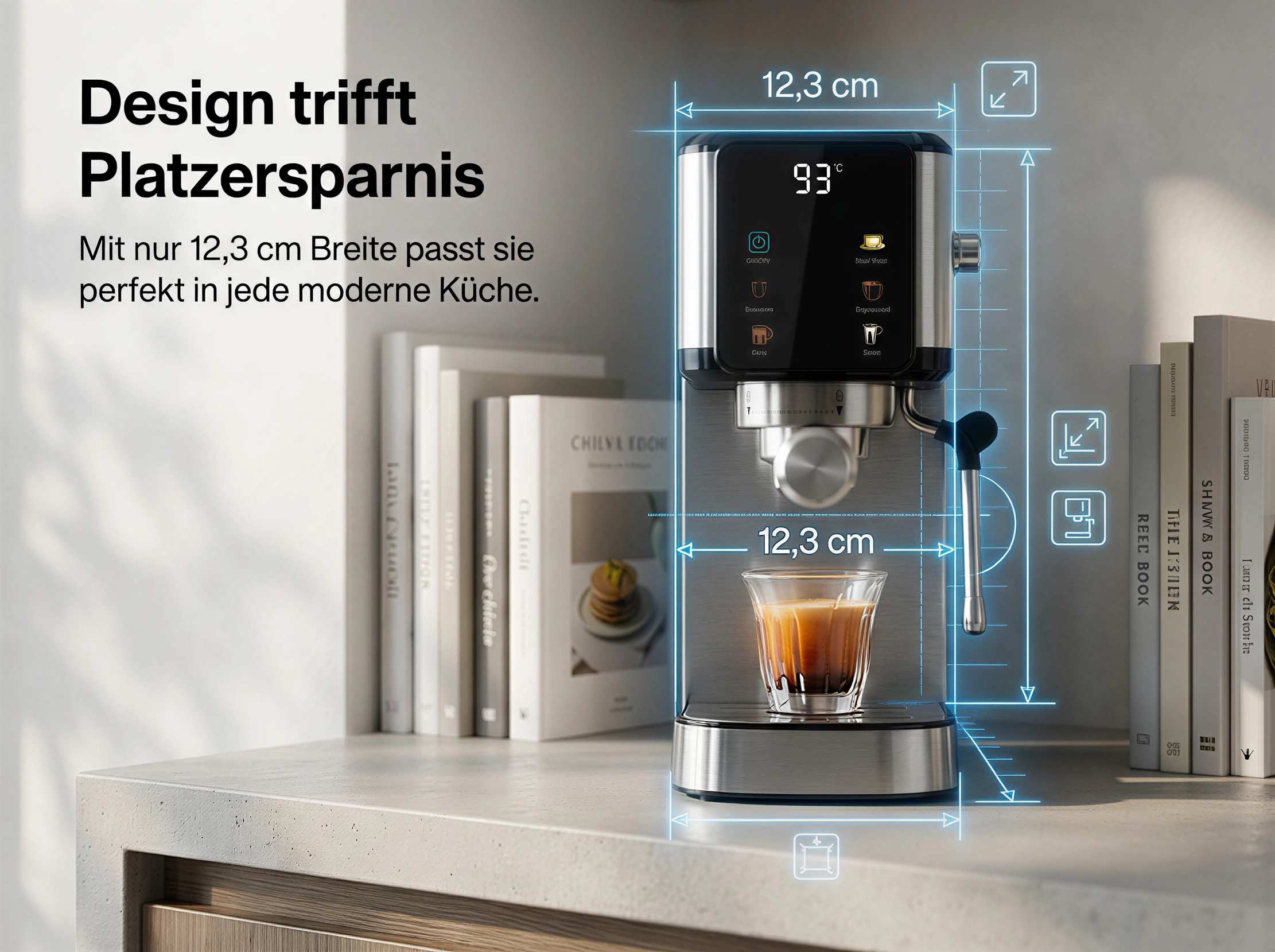 Kompakte Kaffeemaschine mit 12,3 cm Breite, mit Espressotasse.