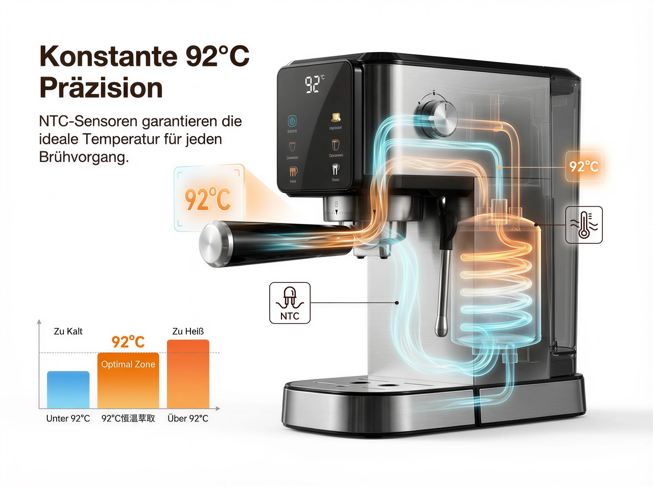 Eine Kaffeemaschine mit NTC-Sensoren für präzise 92°C Brühtemperatur.