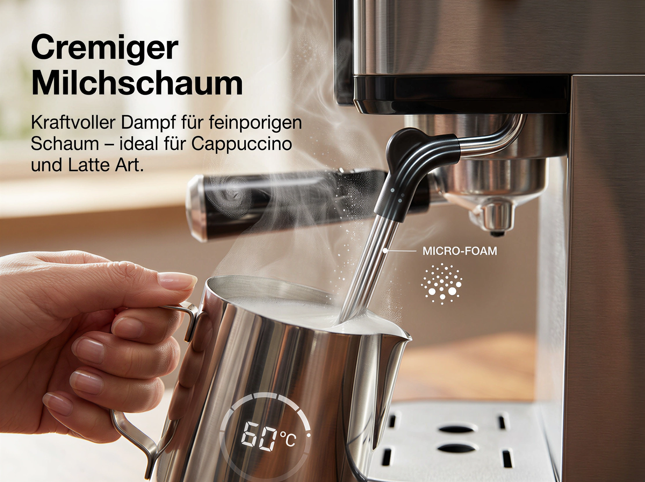 Eine Hand hält einen Metallkrug, während ein Dampfstab Milch aufschäumt.