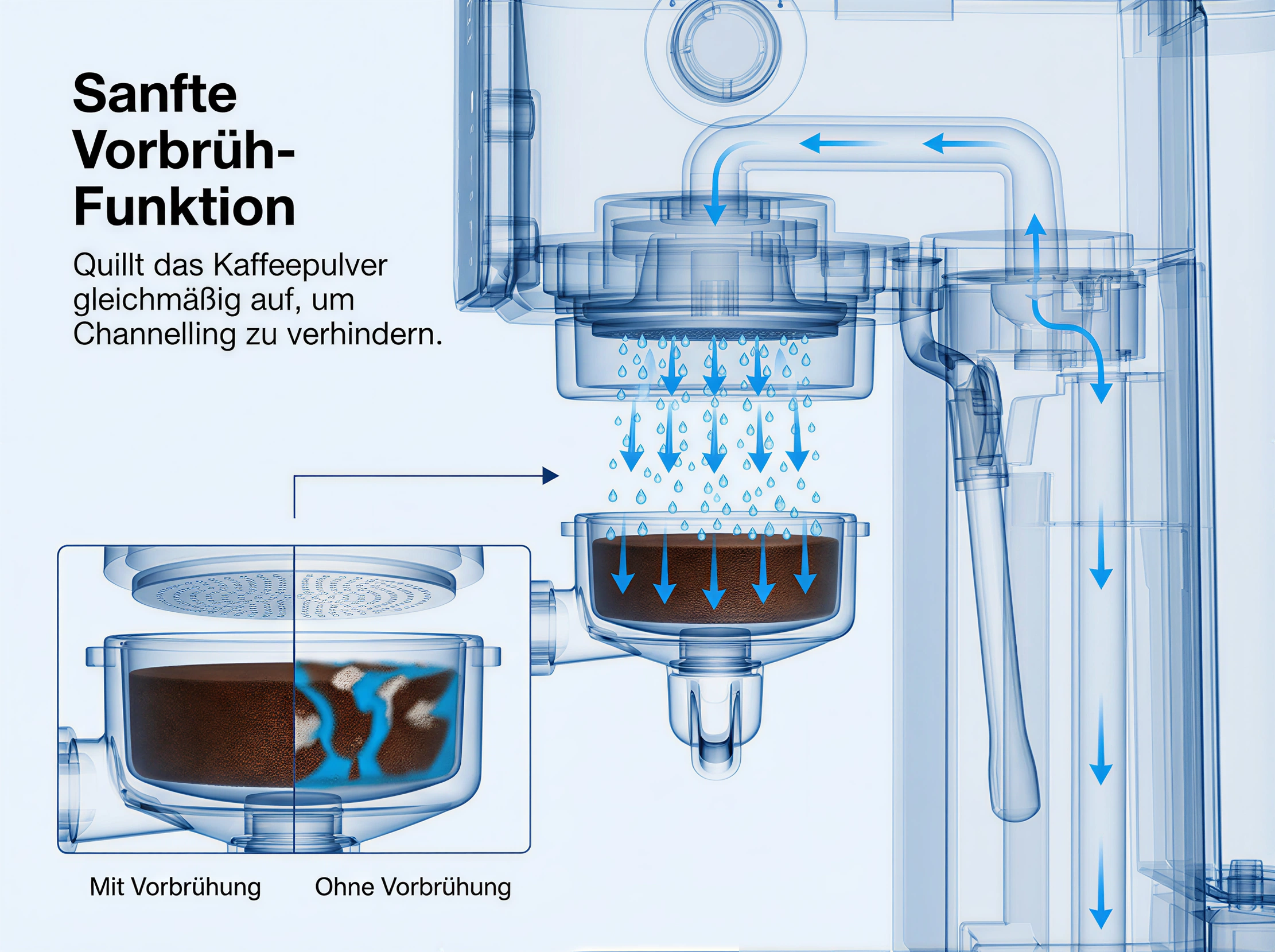 Schema einer Kaffeemaschine mit sanfter Vorbrühfunktion und Flussdiagrammen.