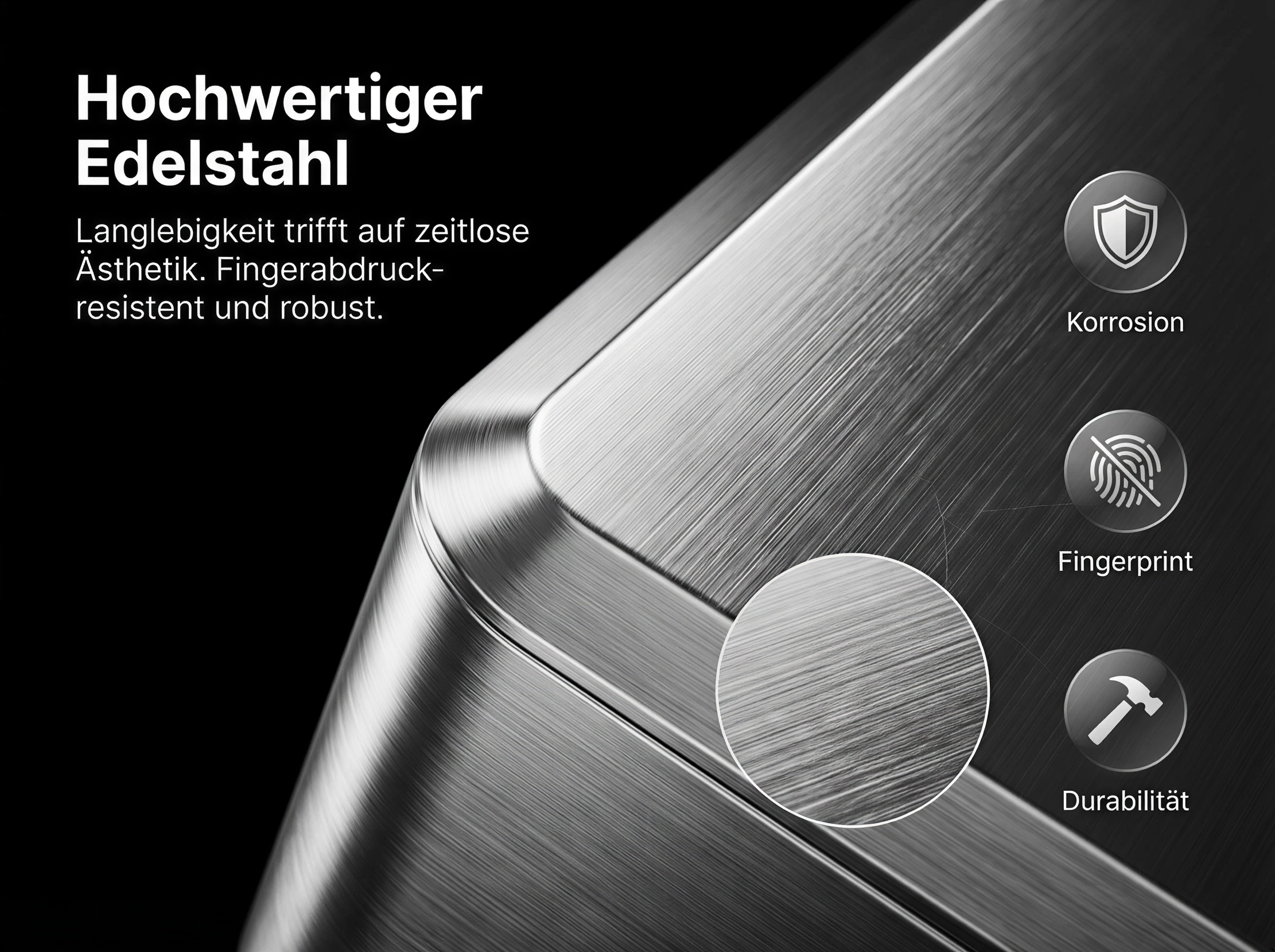 Hochwertiger Edelstahl mit Icons für Korrosion, Fingerabdruckresistenz und Haltbarkeit.