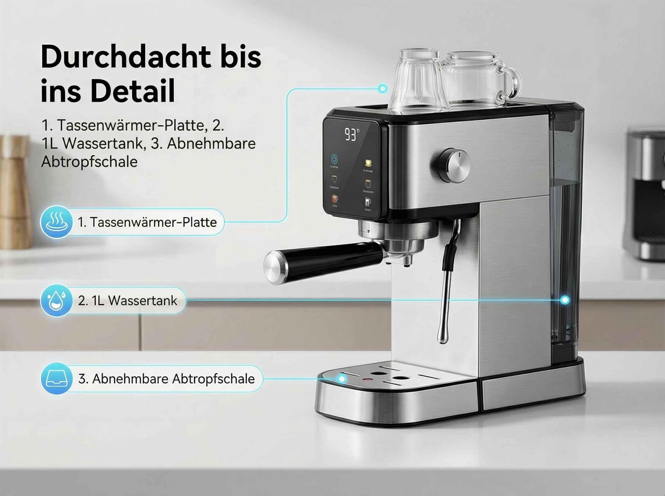 Kaffeemaschine mit Tassenwärmer, 1L Wassertank und Abtropfschale.