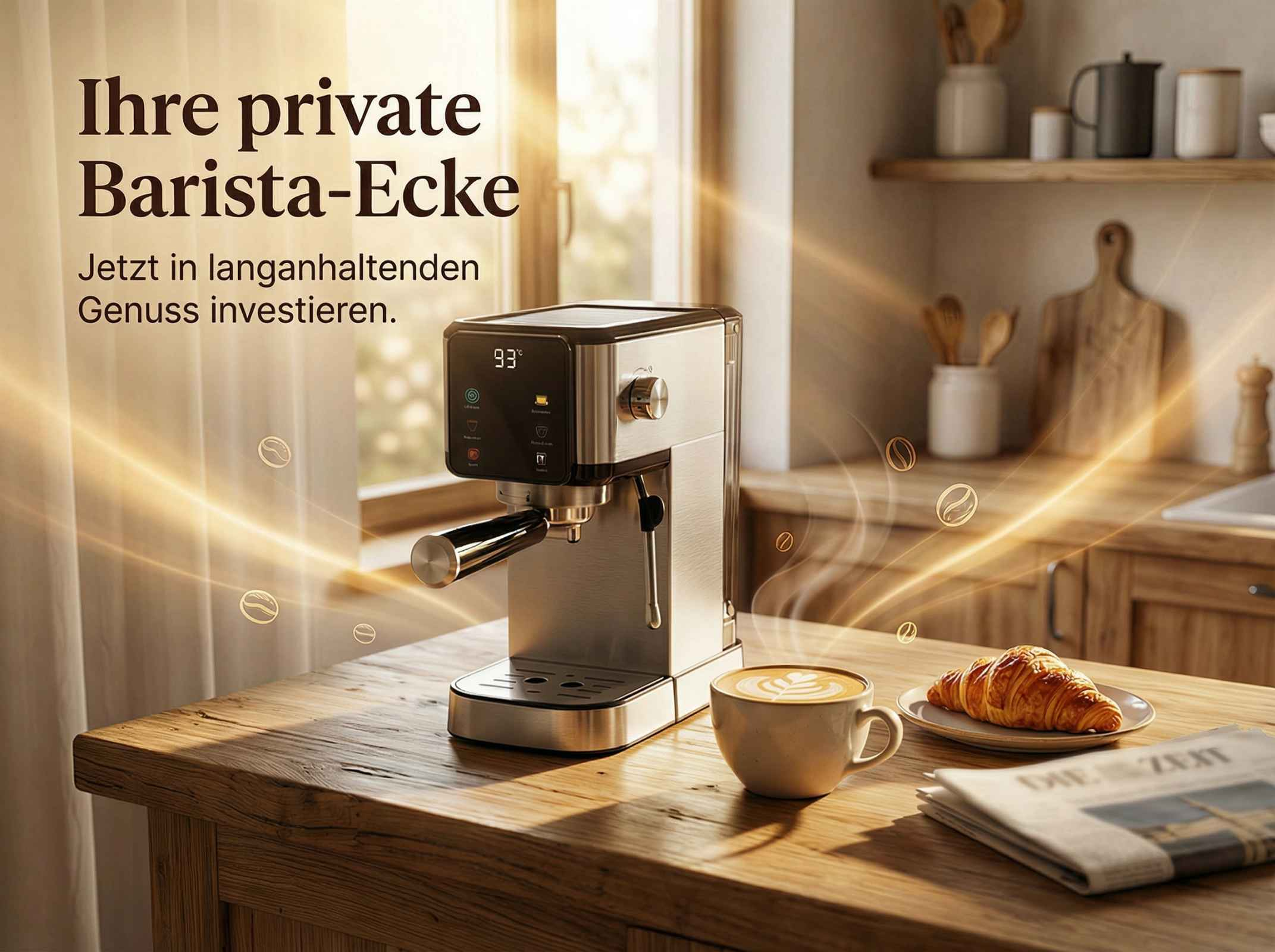 Eine silberne Espressomaschine mit einem Croissant, Kaffee und Zeitung auf einem Holztisch.