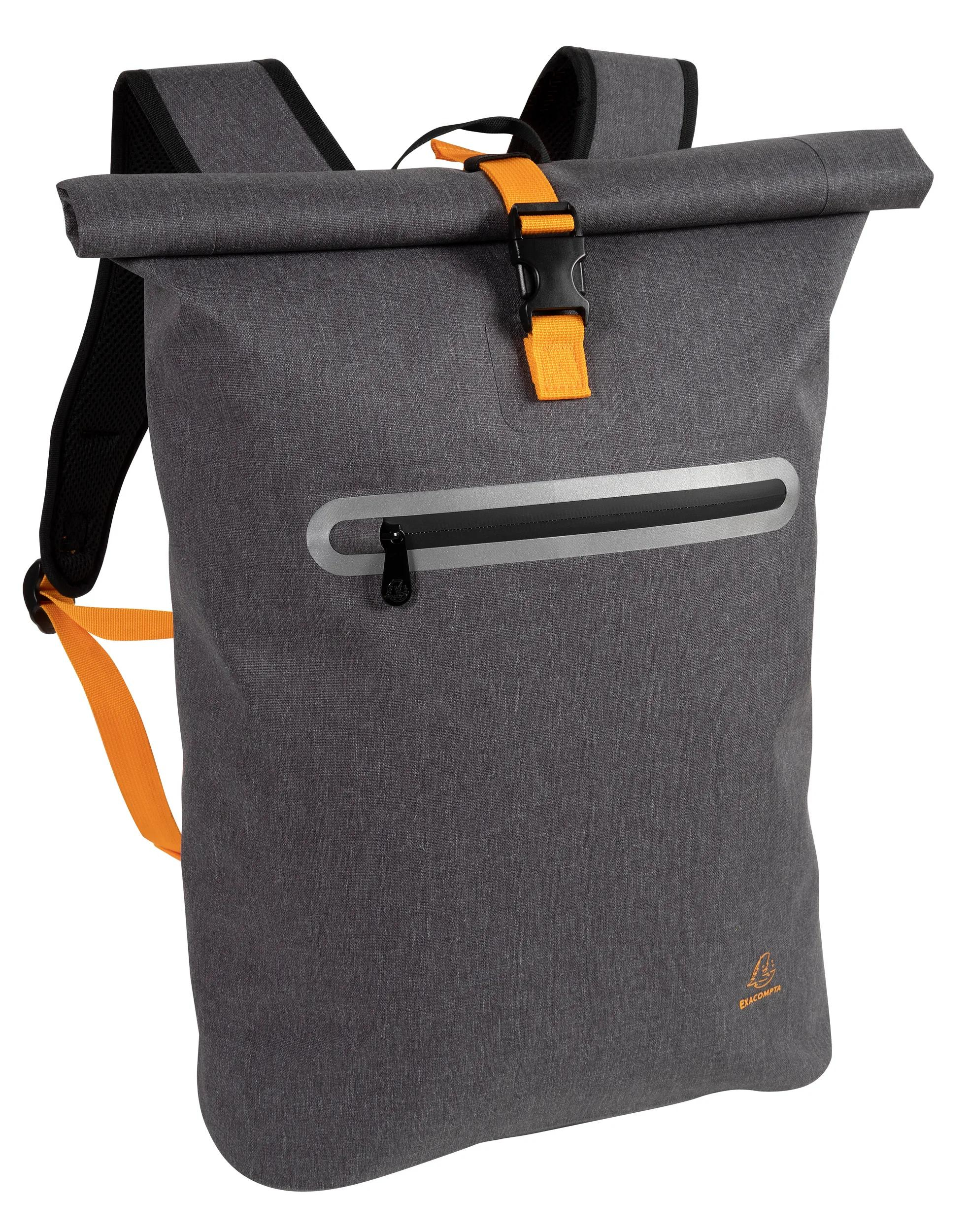 Grauer Rucksack mit orangefarbenen Akzenten und Reißverschlusstasche.