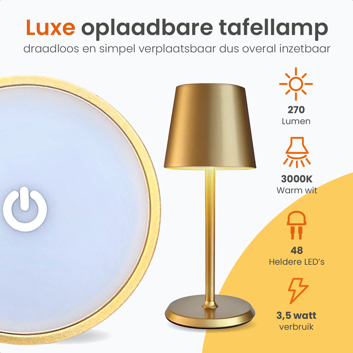 A golden table lamp with a white power button icon. Specifications are listed.