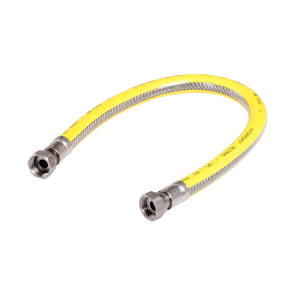 A yellow gas hose with metal braiding and connectors.