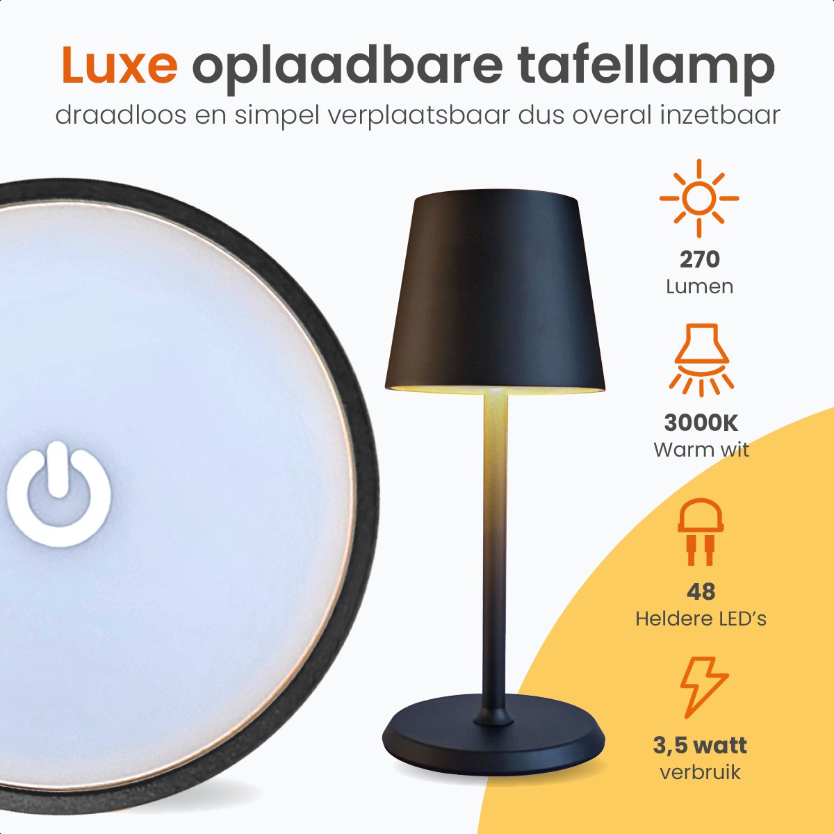 A black rechargeable table lamp with a white power button and specifications.