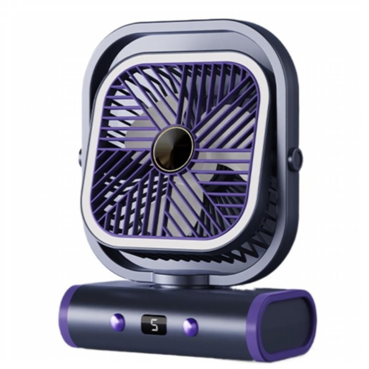 Ein kompakter, dunkelgrauer Ventilator mit lila Akzenten und einem digitalen Display.