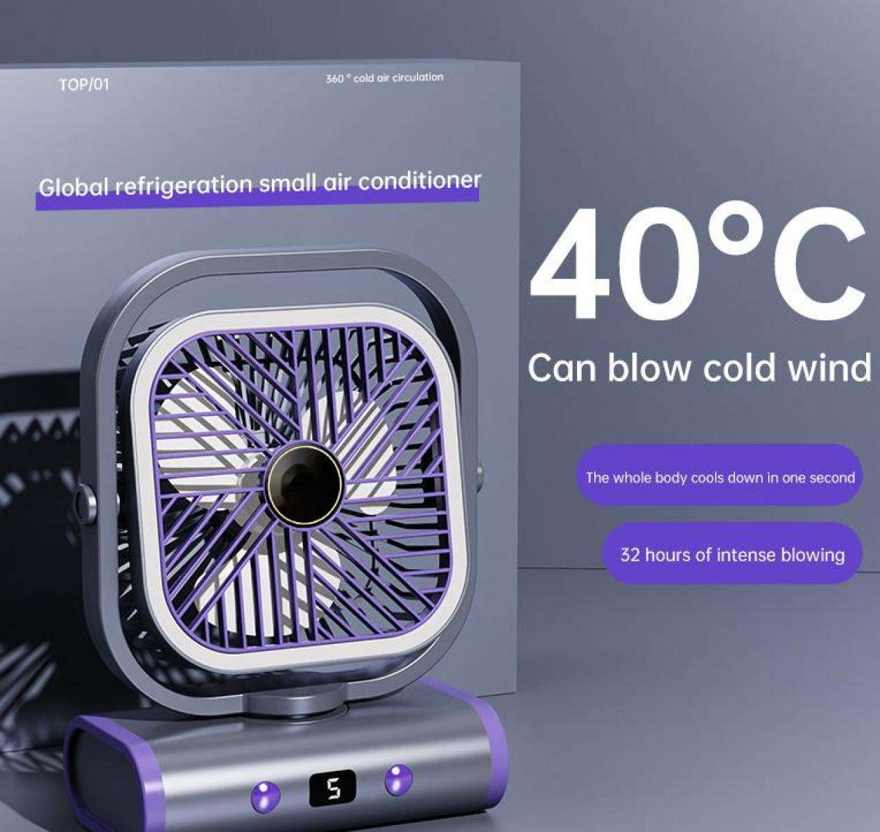 Ein kleiner, tragbarer Ventilator mit lila und silbernen Akzenten, der 40°C kalte Luft bläst.