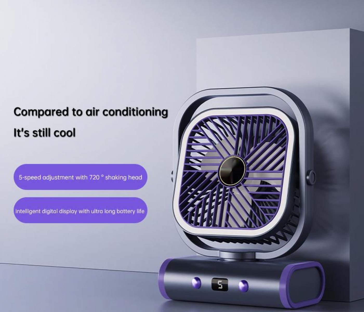 Ein tragbarer Ventilator mit lila Gitter und Digitalanzeige zeigt Geschwindigkeit '5'.