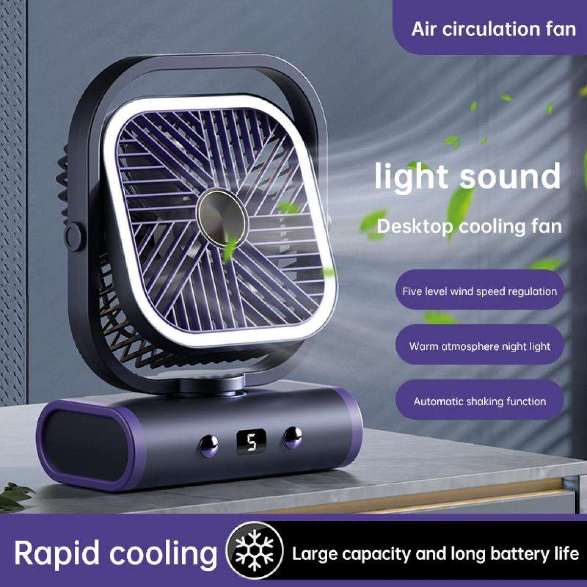 Ein schwarzer Desktop-Ventilator mit violetter Umrandung und LED-Licht.