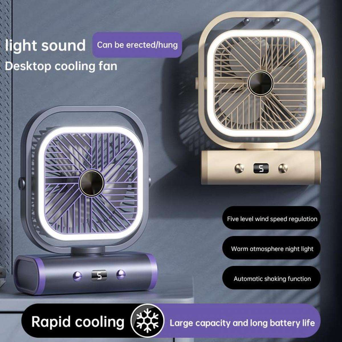 Zwei Desktop-Ventilatoren, einer lila, einer beige, mit Lichtern und Bedienelementen.