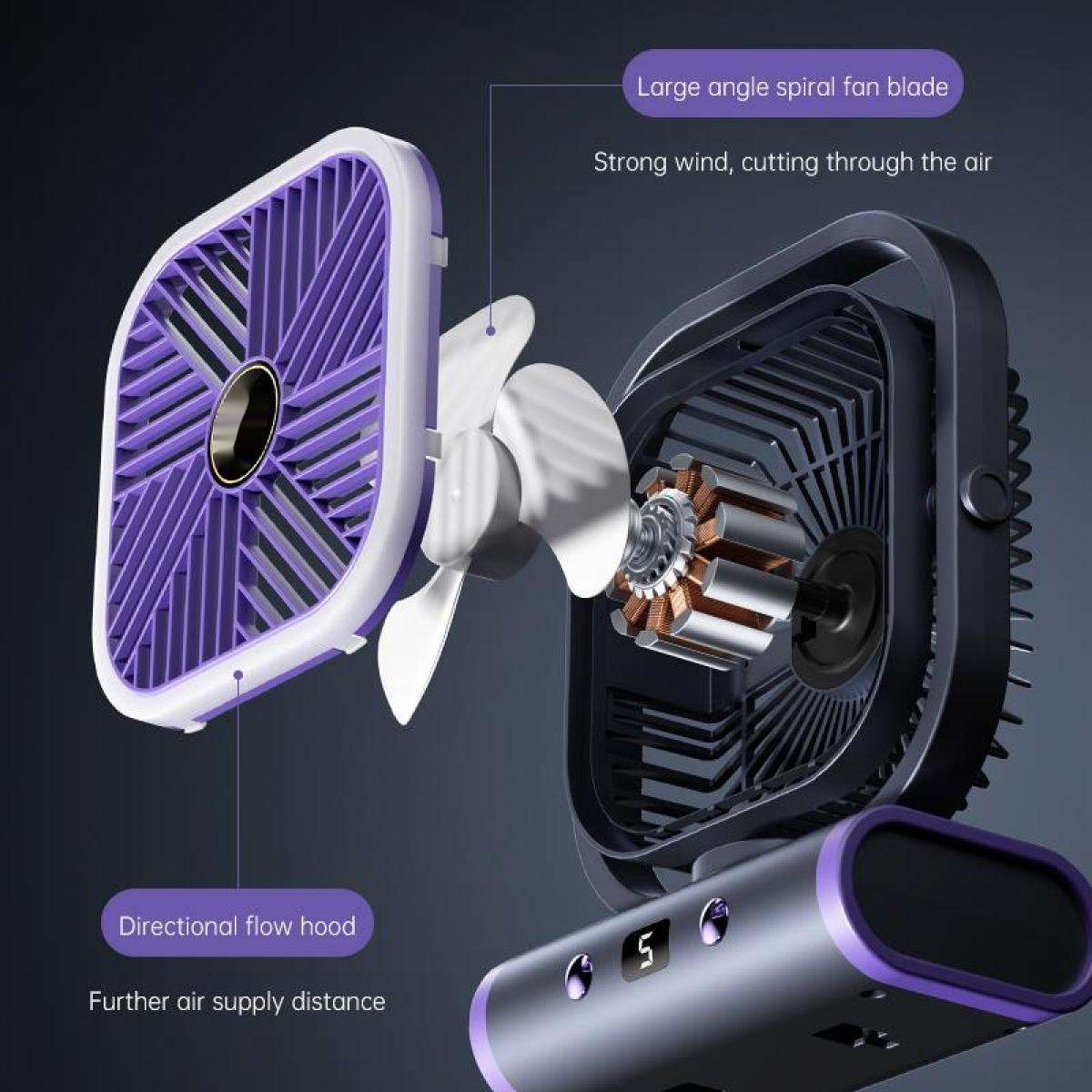 Ein violetter Ventilator mit freiliegenden Komponenten, der Luftstrom und Windstärke zeigt.