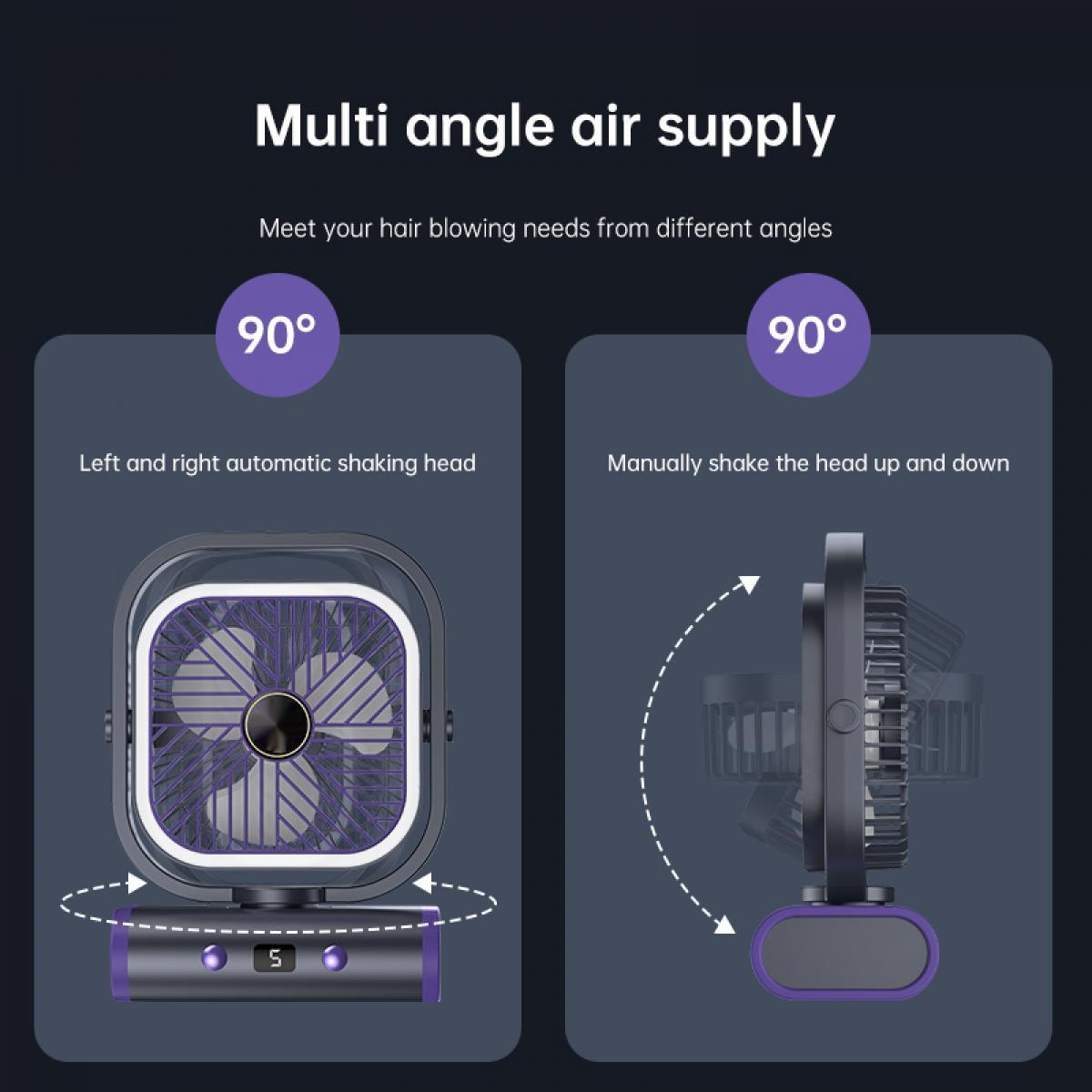 Ein lila und grauer Ventilator mit automatischer und manueller Kopfbewegung.
