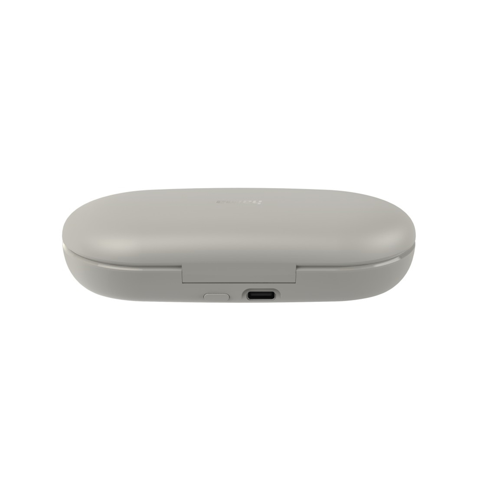 Zamknięte szare etui ładujące z portem USB-C i przyciskiem.