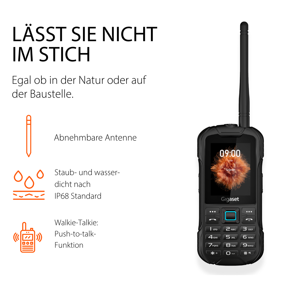 Ein schwarzes Gigaset-Telefon mit Antenne, Tastatur und Display.