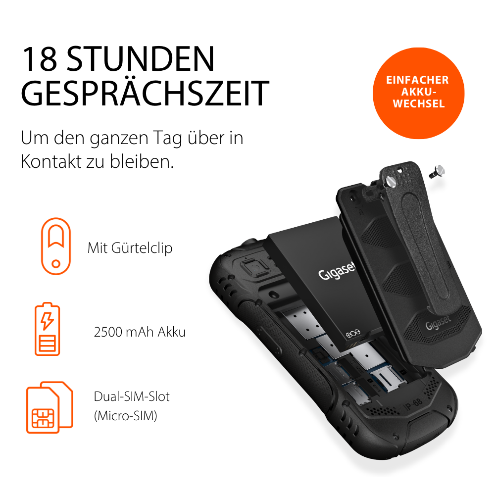 Robustes Gigaset-Smartphone mit auswechselbarem Akku und SIM-Schächten.
