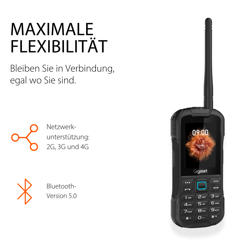 Ein schwarzes Gigaset-Telefon mit Antenne und Tastenfeld. Links sind Icons.