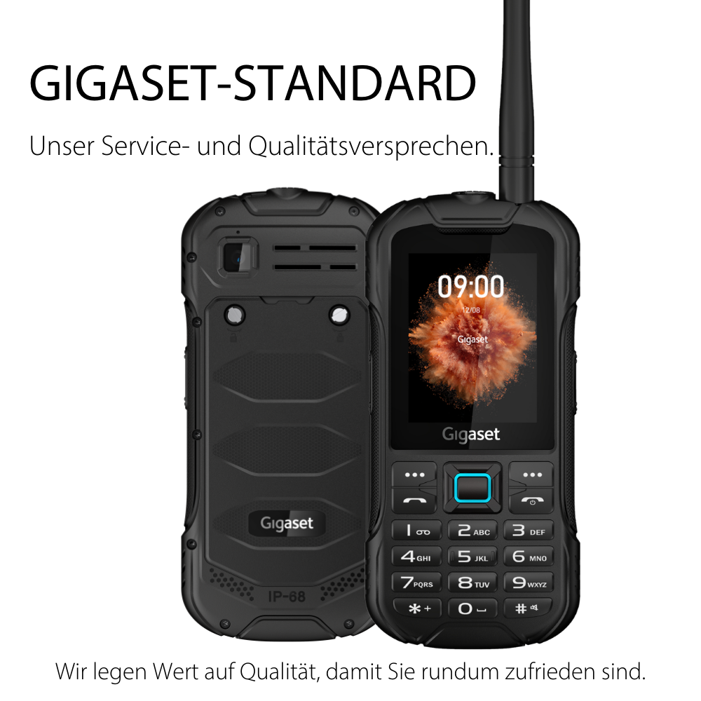 Zwei schwarze Gigaset-Handys mit Antenne. Eines zeigt 09:00, das andere ist auf der Rückseite.