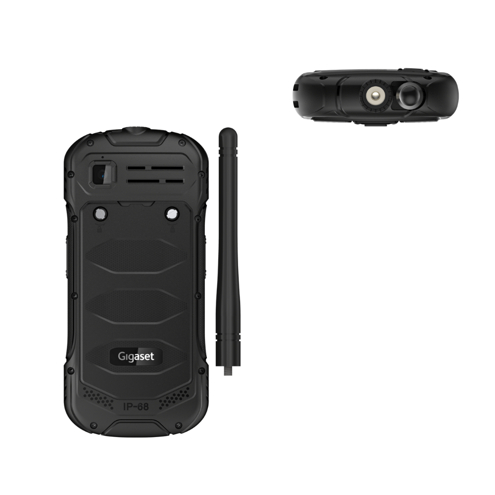 Telefono robusto Gigaset nero con antenna e vista connessioni.