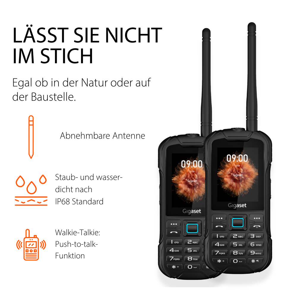 Due telefoni walkie-talkie Gigaset con antenna staccabile e certificazione IP68.