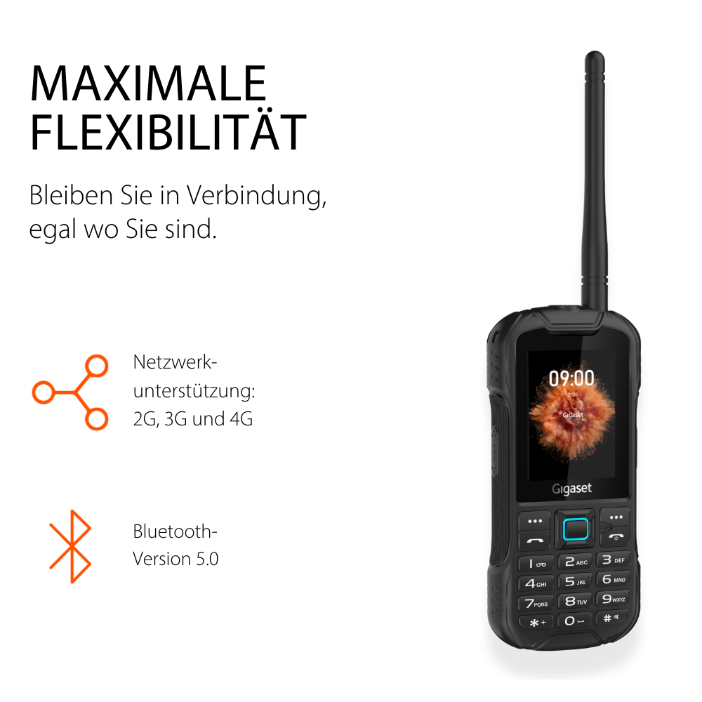 Telefono Gigaset con antenna, tastiera e display, supporta 2G, 3G, 4G e Bluetooth 5.0.