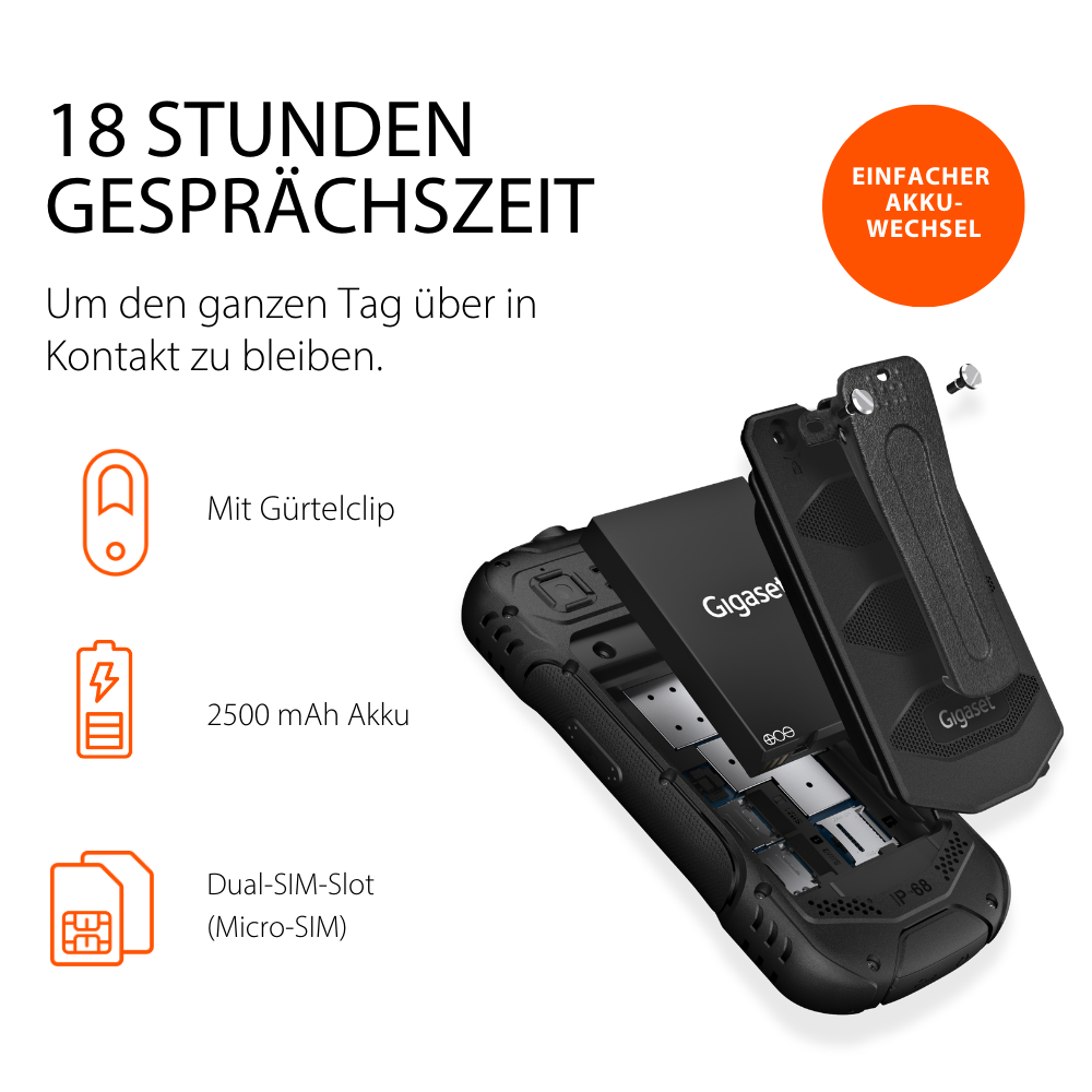 Telefono robusto con batteria rimovibile, clip da cintura, Dual-SIM.