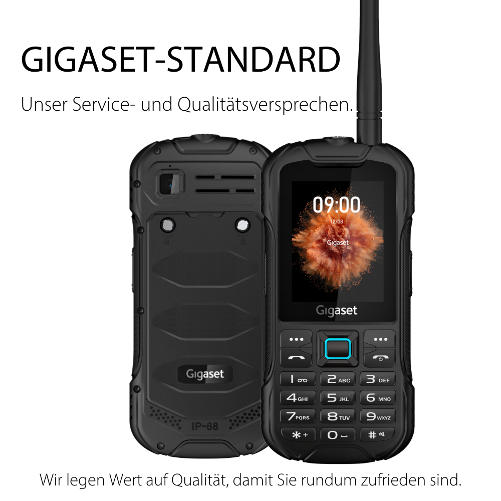 Due smartphone Gigaset neri uno accanto all'altro, uno con schermo.