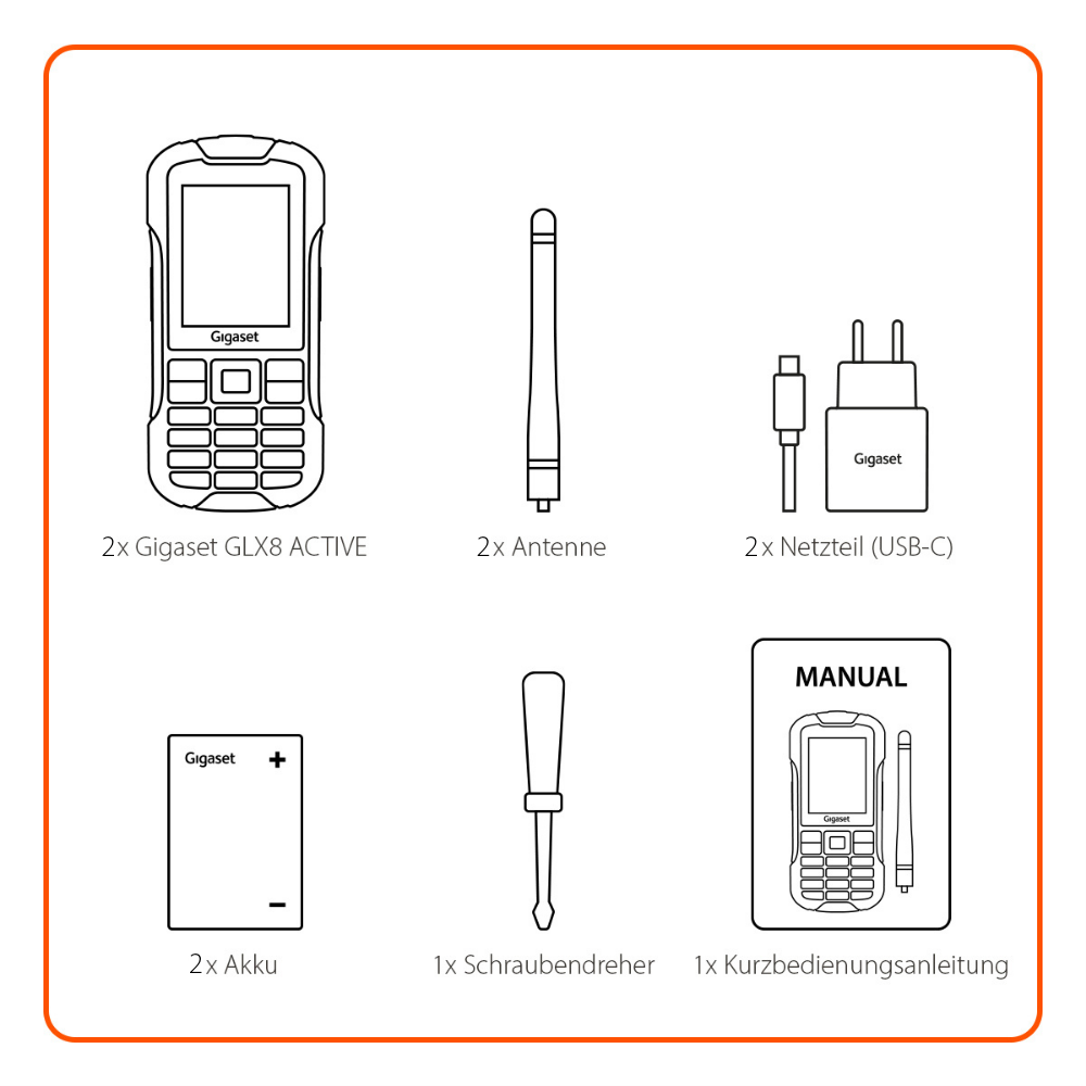 Gigaset GLX8 ACTIVE, antenna, alimentatore, batteria, cacciavite e manuale.