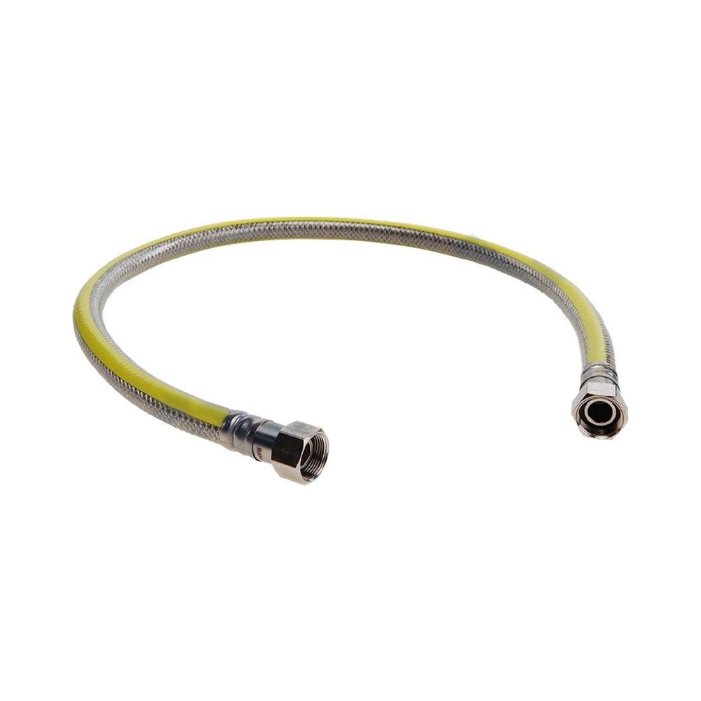 Flexible hose with metal braiding and yellow inner layer, with connectors.