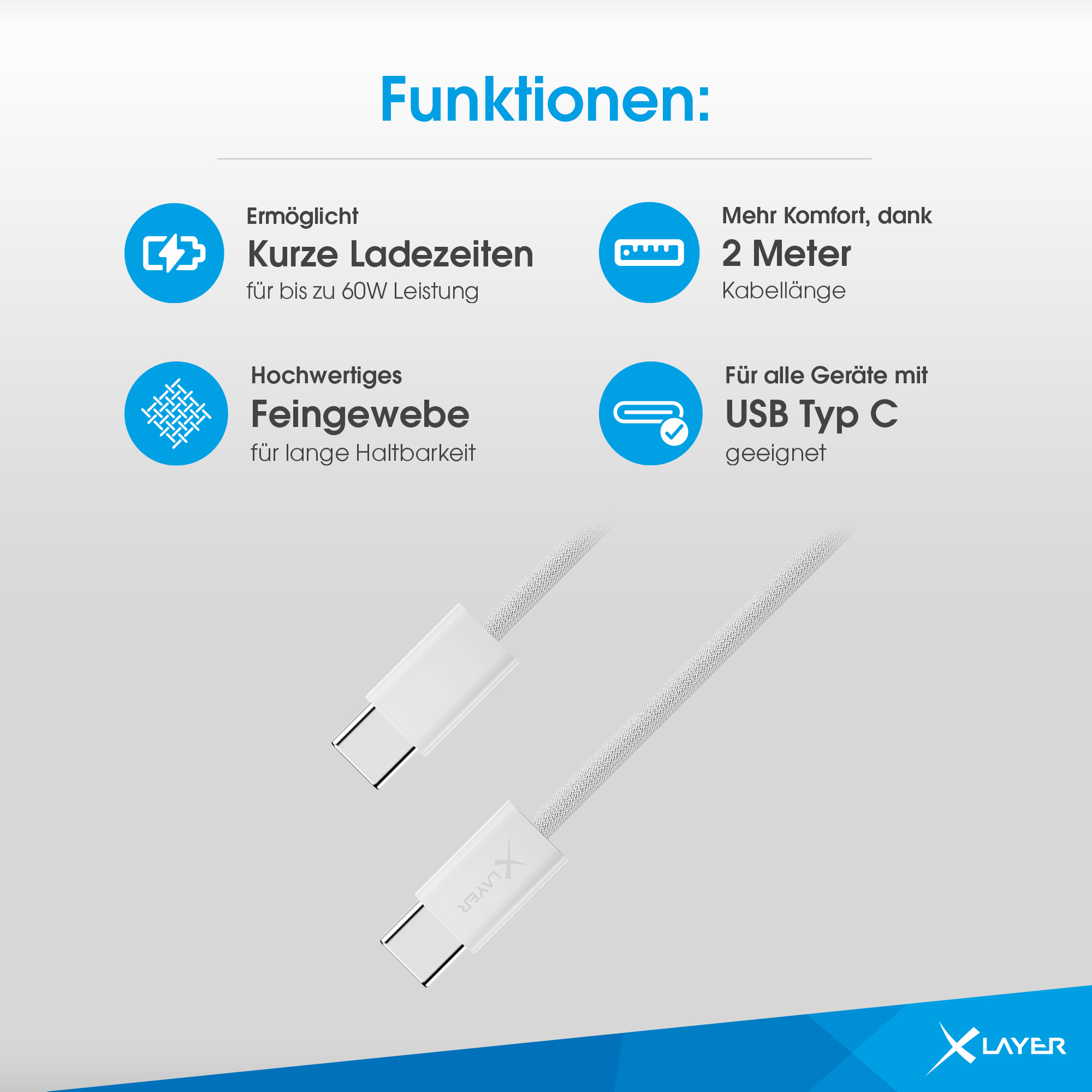 USB-C Kabel mit Schnellladefunktion, 2m Länge, robust und vielseitig.
