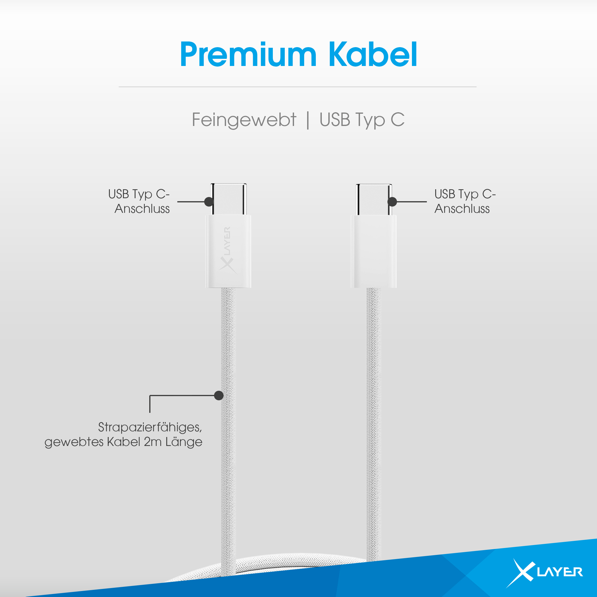 Zwei weiße USB-C-Kabel mit geflochtenem Kabel und dem XLayer-Logo.