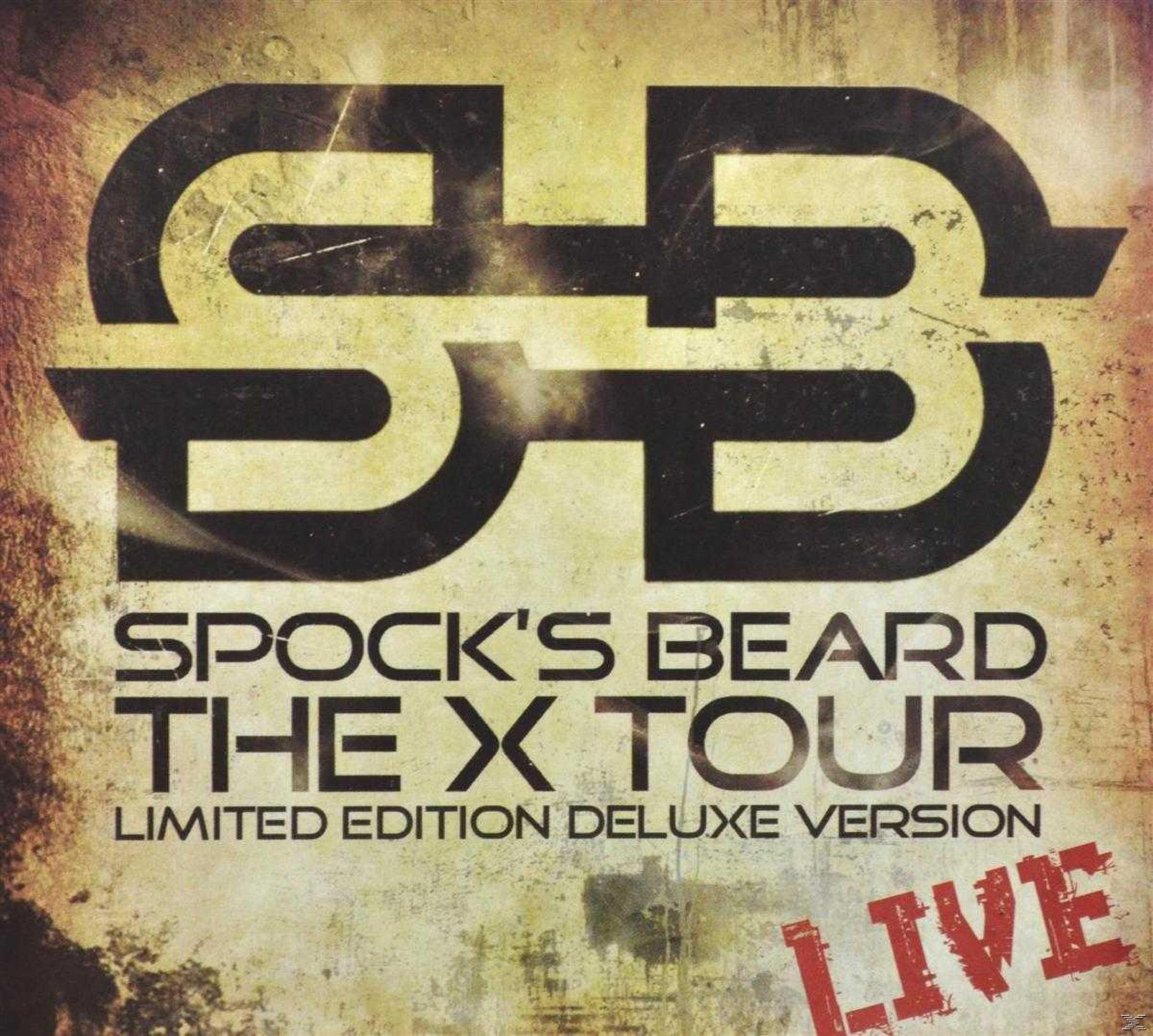 Black and yellow album cover: Spock's Beard, The X Tour, Live, Deluxe.