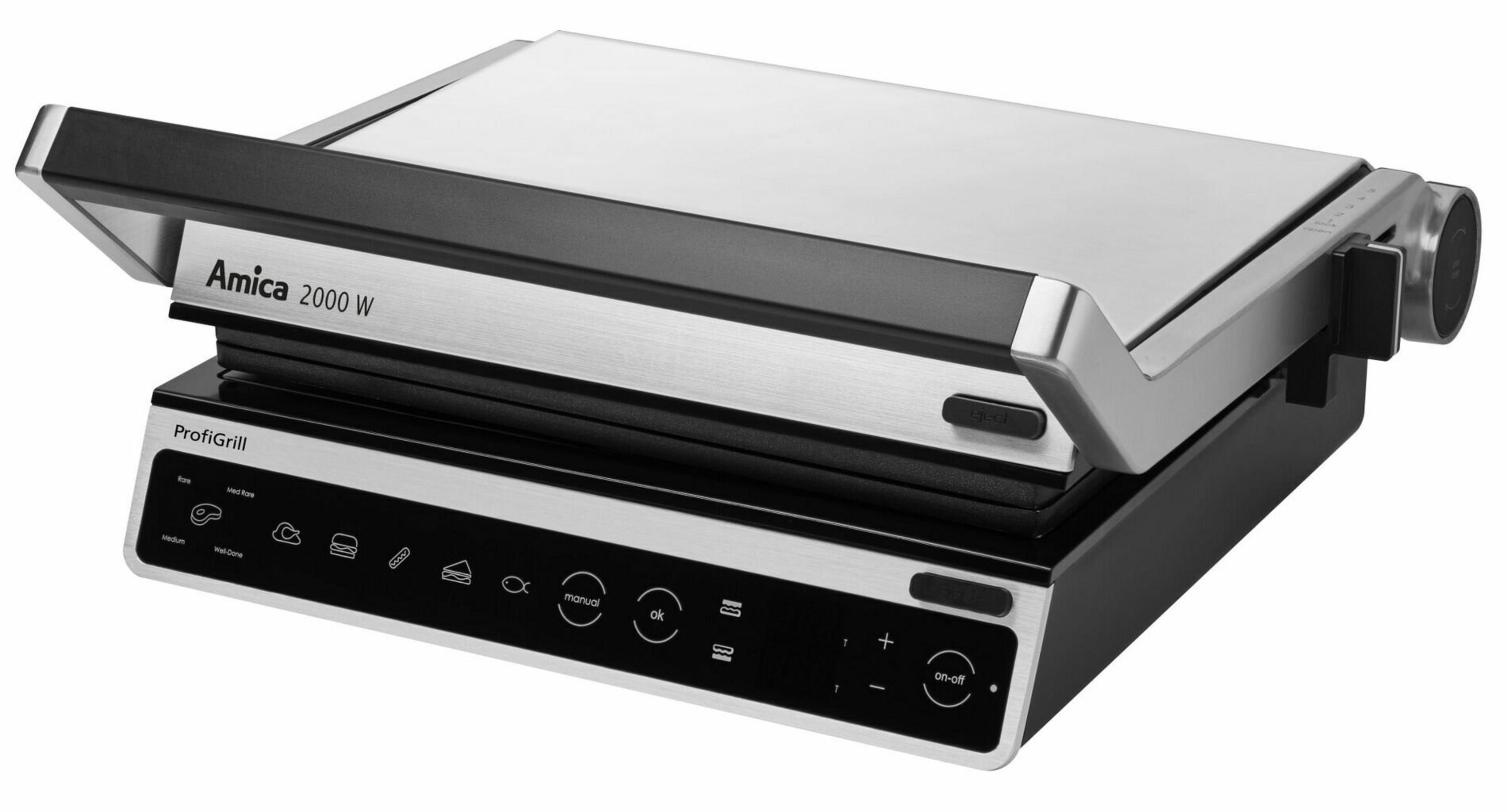Una griglia Amica ProfiGrill argentata con manico e pannello di controllo neri.
