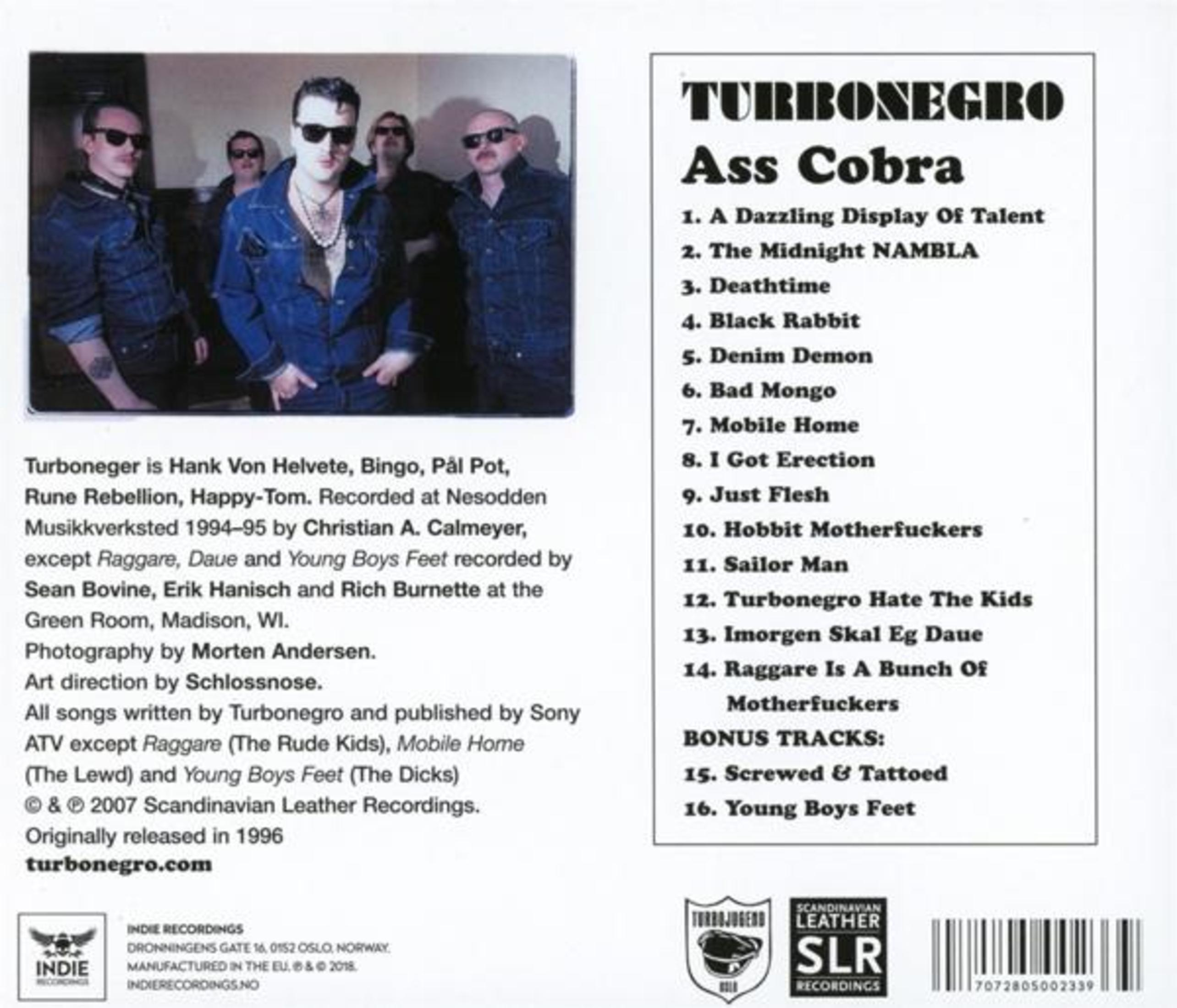 Eine Band in Jeansjacken posiert, Albumtitel und Titelliste.