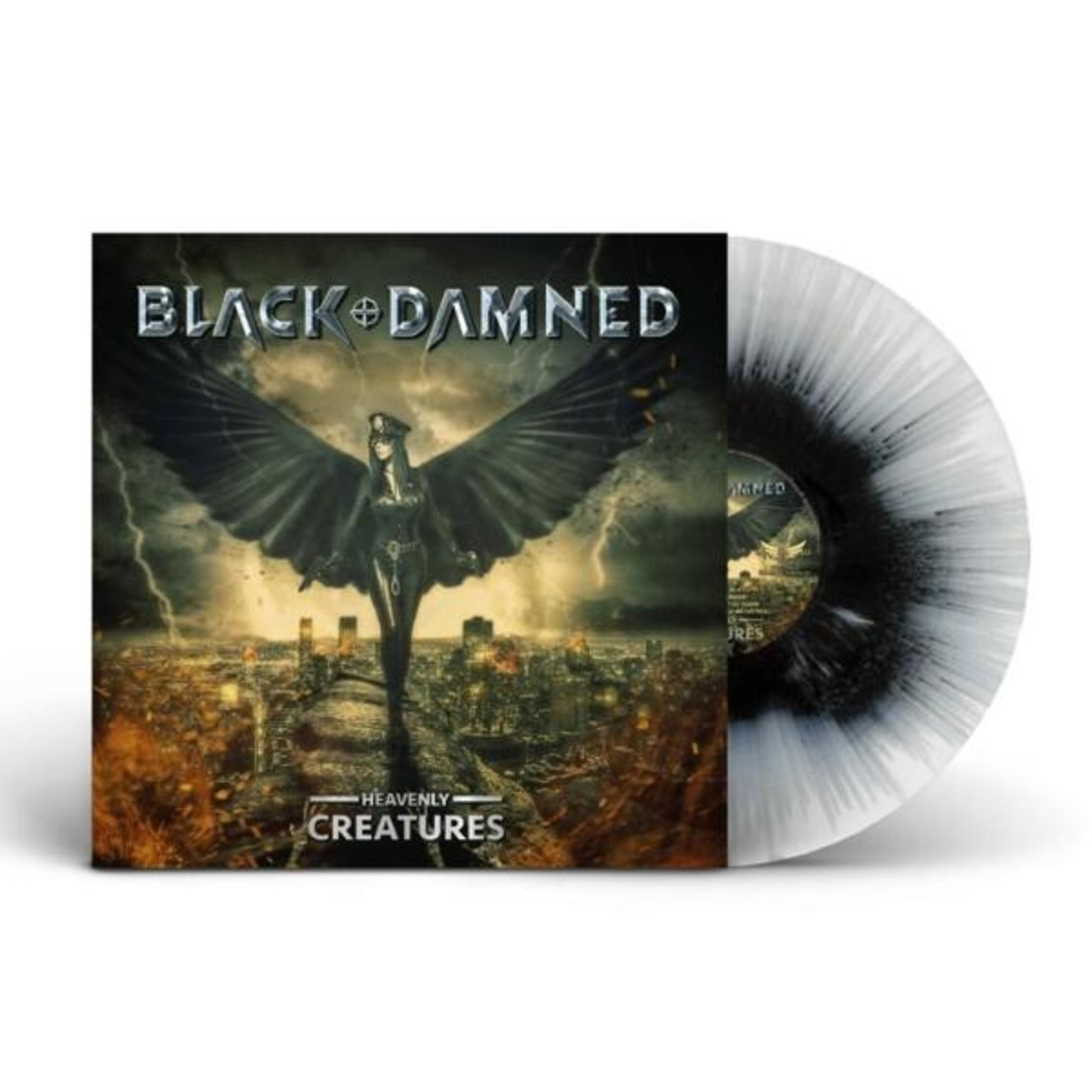 Schwarzes Vinyl-Cover mit geflügelter Figur über zerstörter Stadt und Blitz.