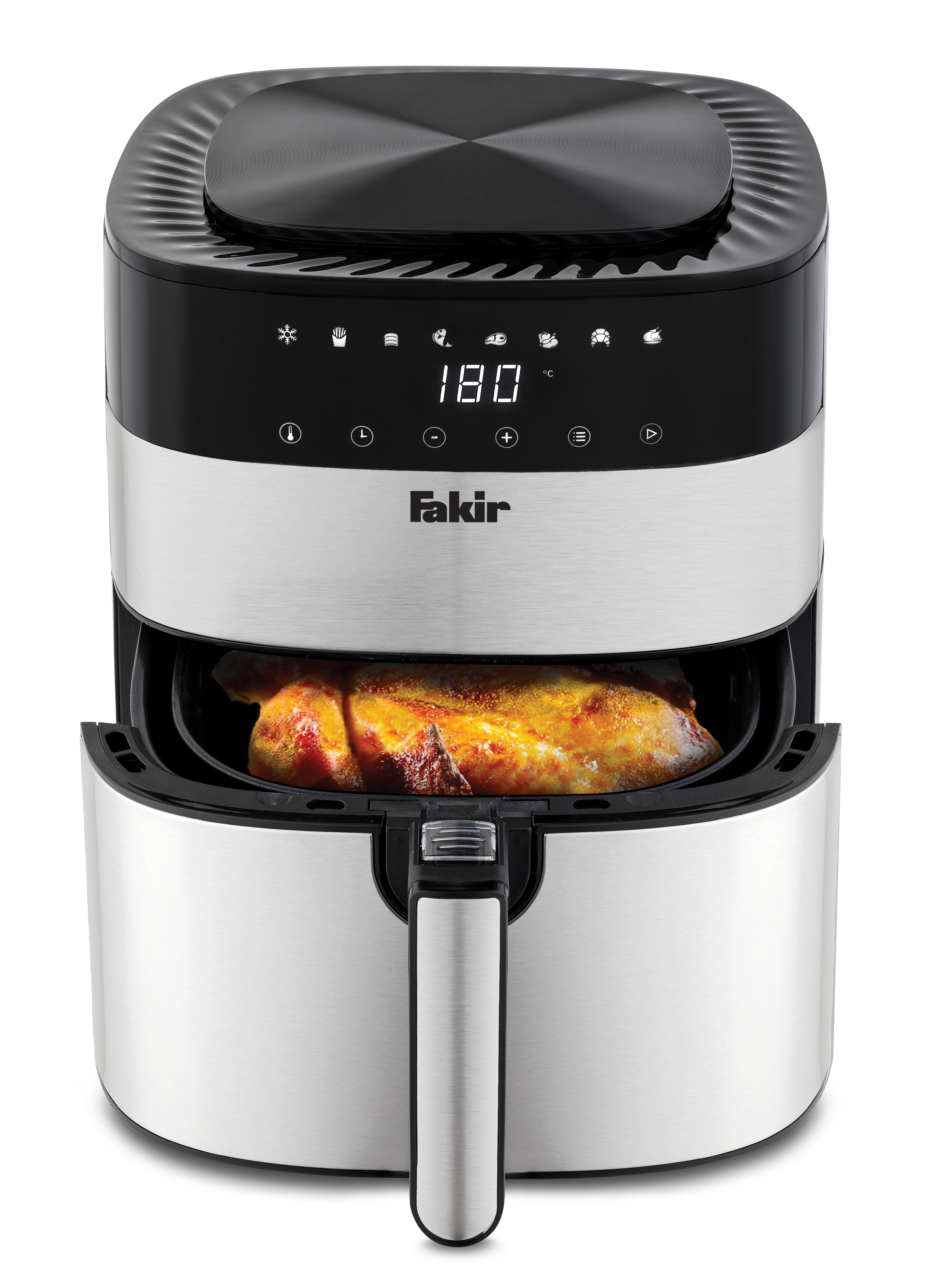 Una friggitrice ad aria Fakir con un pollo dorato all'interno.