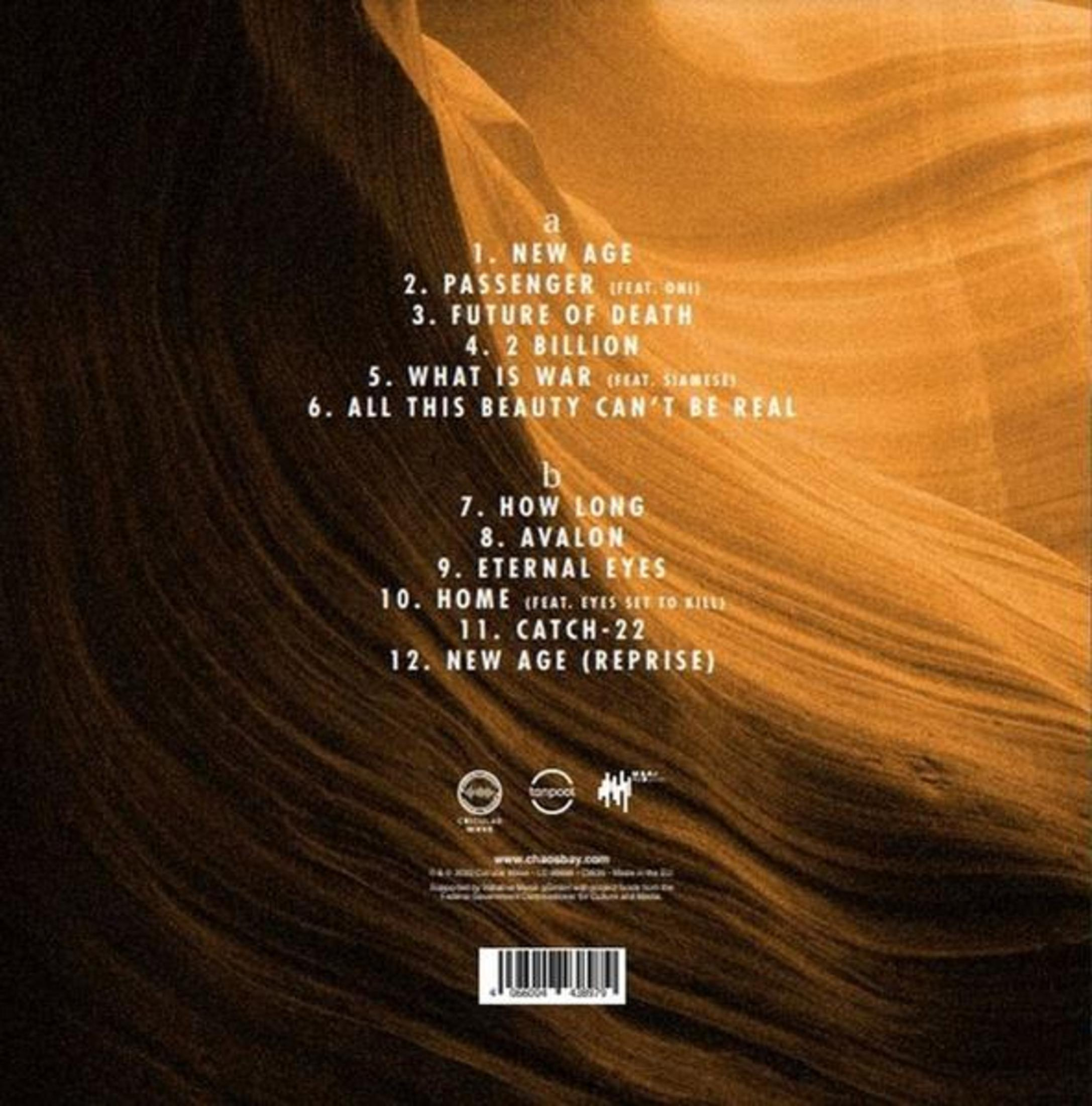 Albumtracklist op een getextureerde, oranjebruine achtergrond.